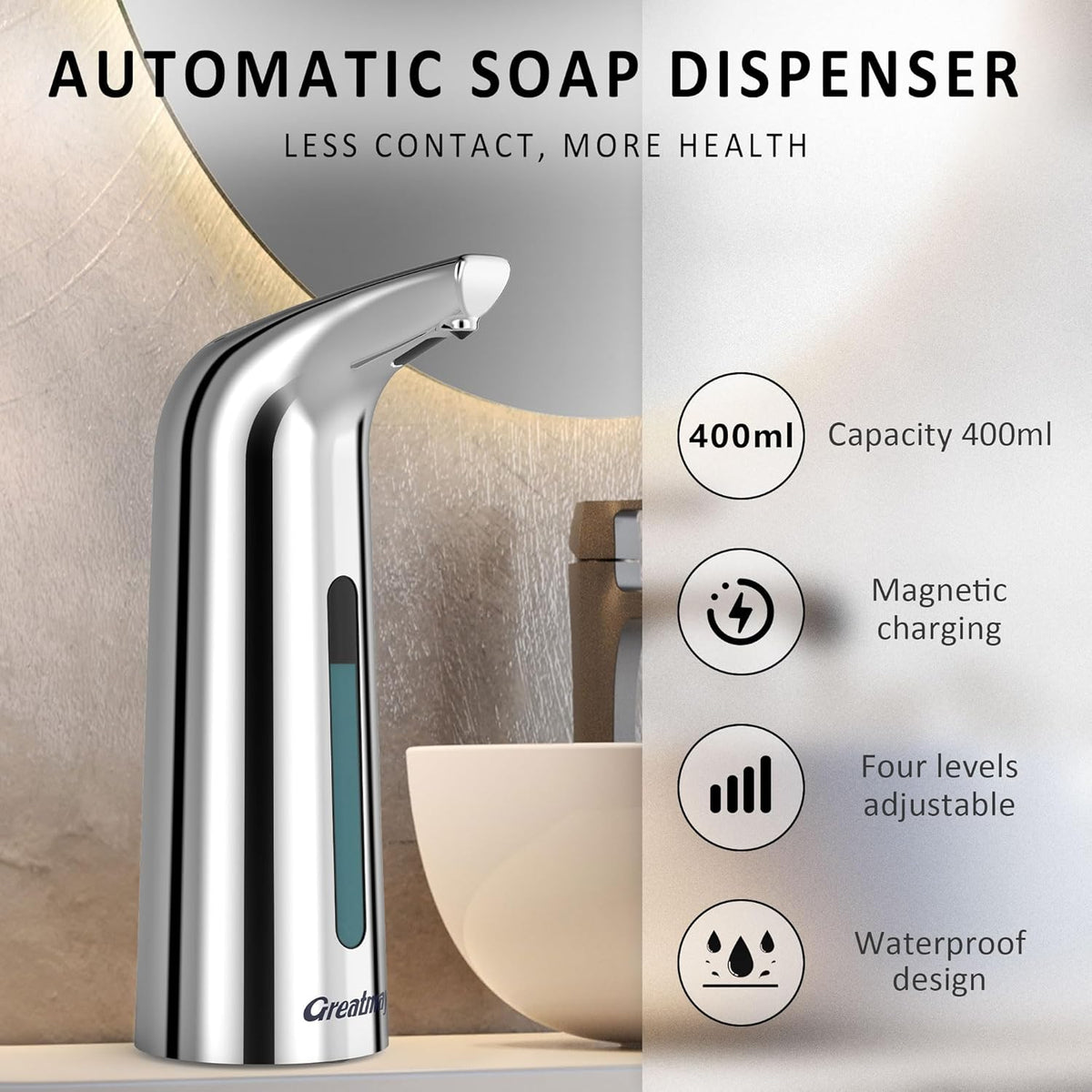 Convenient Automatic Soap Dispenser,4 Adjustable Levels Touchless Hand Sanitizer Pump with Infrared