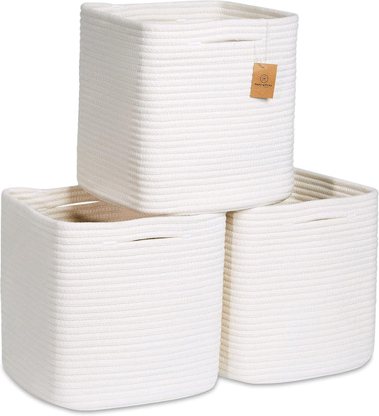 NaturalCozy Storage Cubes 11 Inch Cotton Rope Woven Baskets for Organizing, 3-Pack | Cube Storage