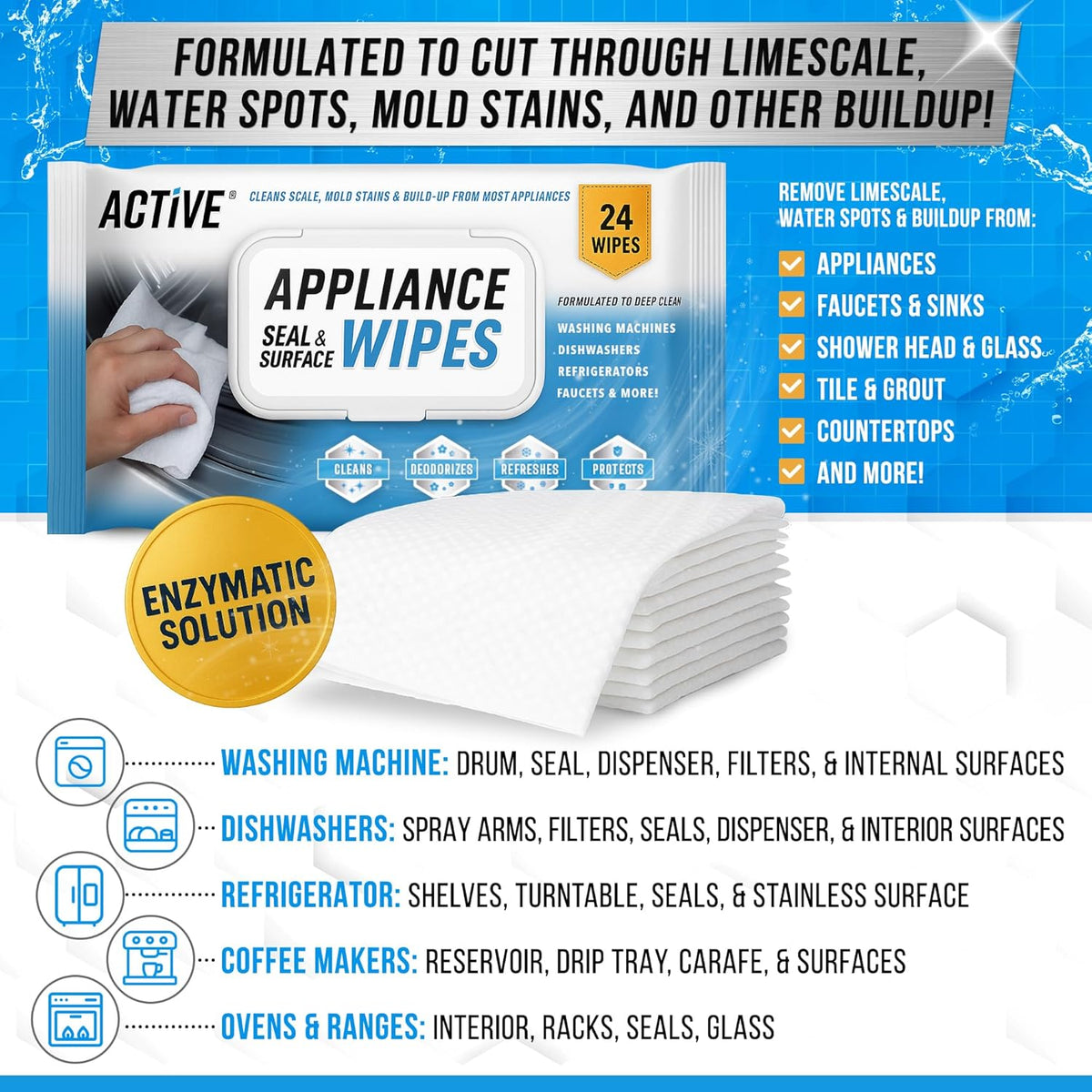 ACTIVE Home Appliance Surface Cleaner Wipes Heavy Duty Wipe for Cleaning Washing Machine, Dryer