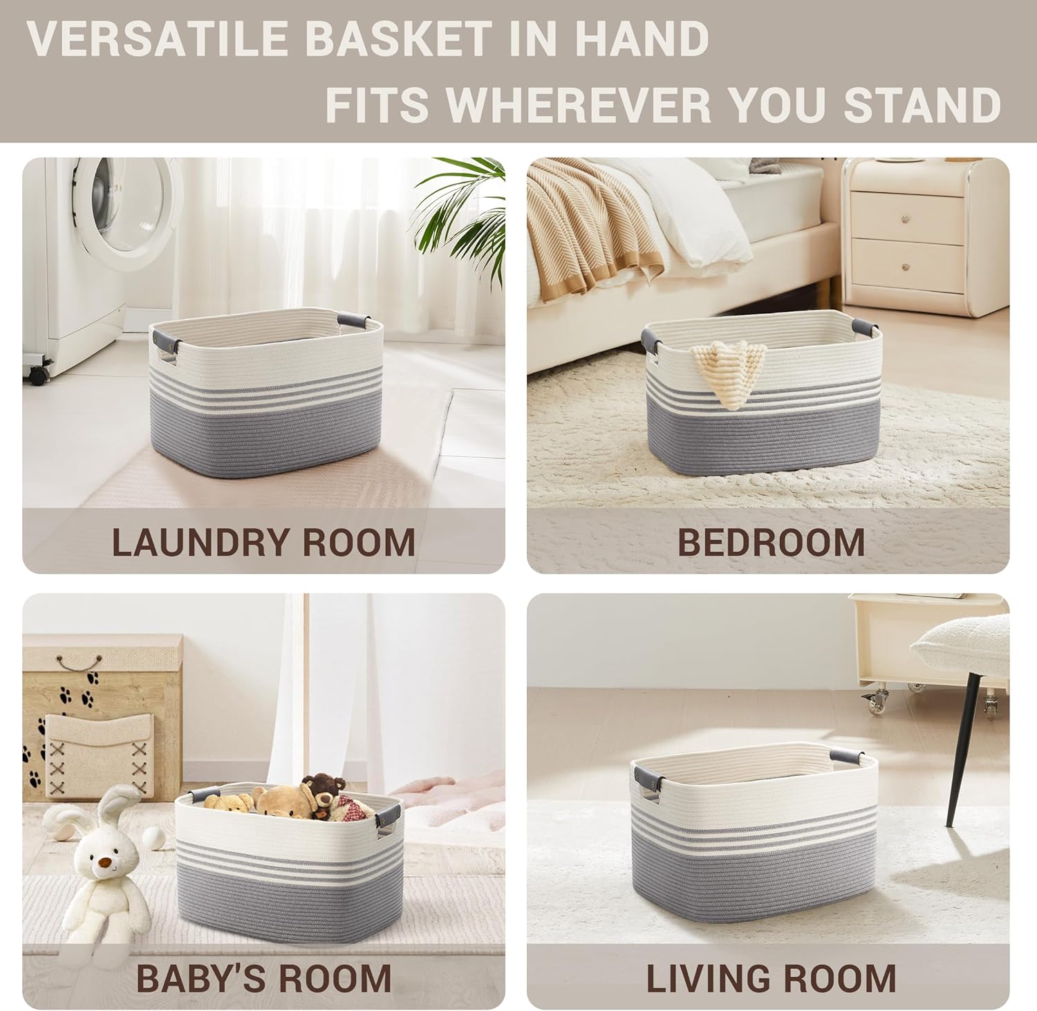 45L Small Laundry Basket with Leather Handles for Living Room Storage, Woven Rope Baskets Bin for