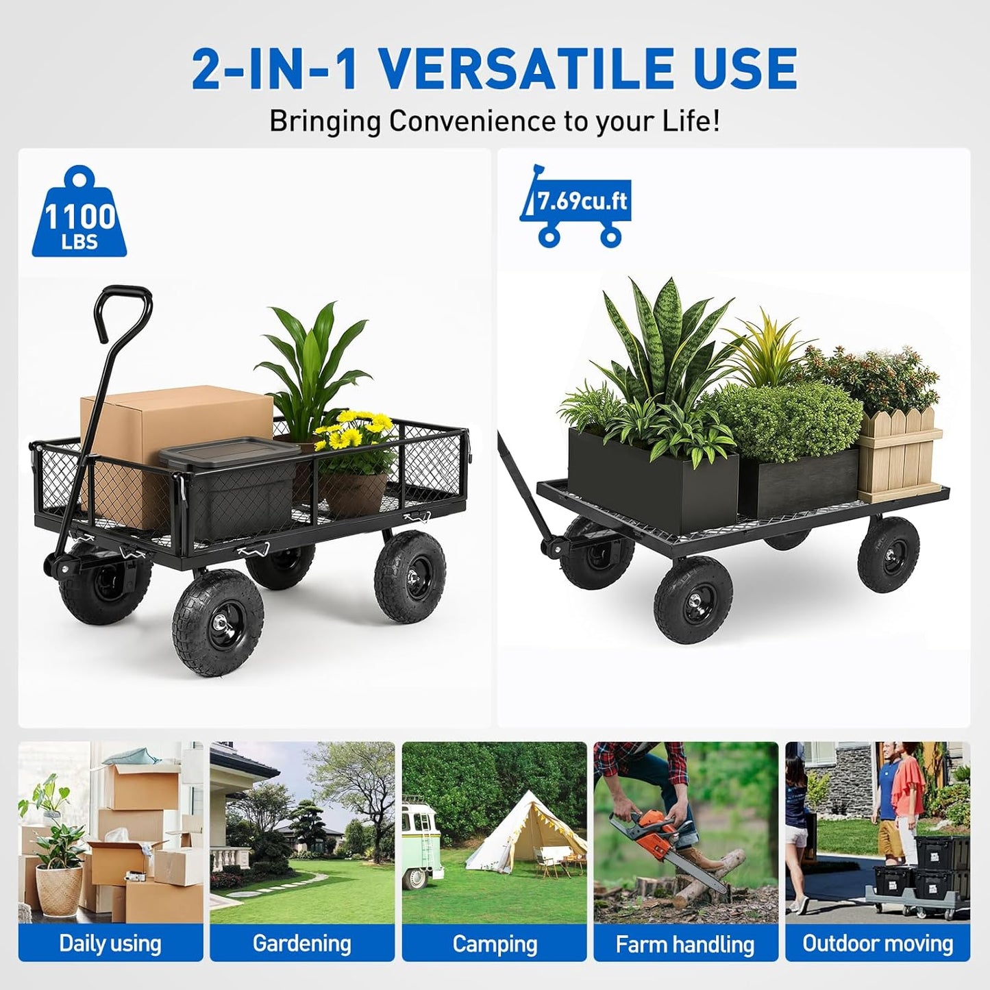 Yesker Steel Garden Carts - 1100lbs Dump Wagon with All Terrain Inflatable Wheels for Yard Lawn