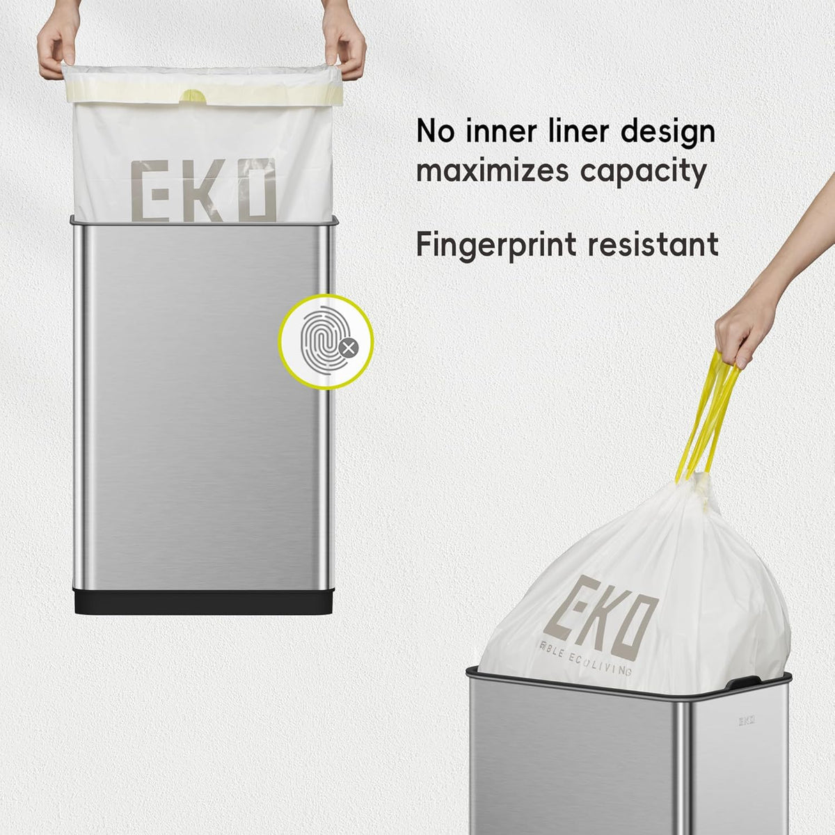 EKO Phantom-T 50 Liter / 13.2 Gallon Vertical Motion Sensor Trash Can, Brushed Stainless Steel