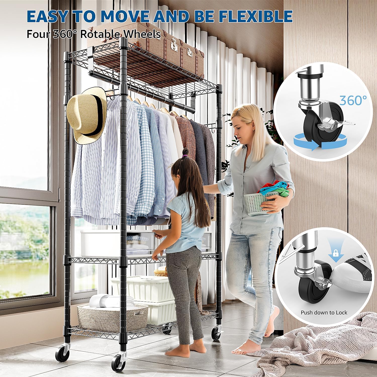 Heavy Duty Rolling Garment Rack 3 Tiers Adjustable Wire Shelving Clothes Rack with Rods and Side