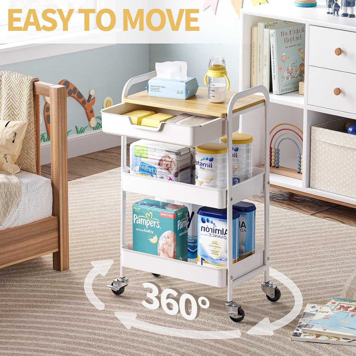 TOOLF 3-Tier Metal Utility Rolling Cart with Drawer and Wooden Table Top, Storage Cart White