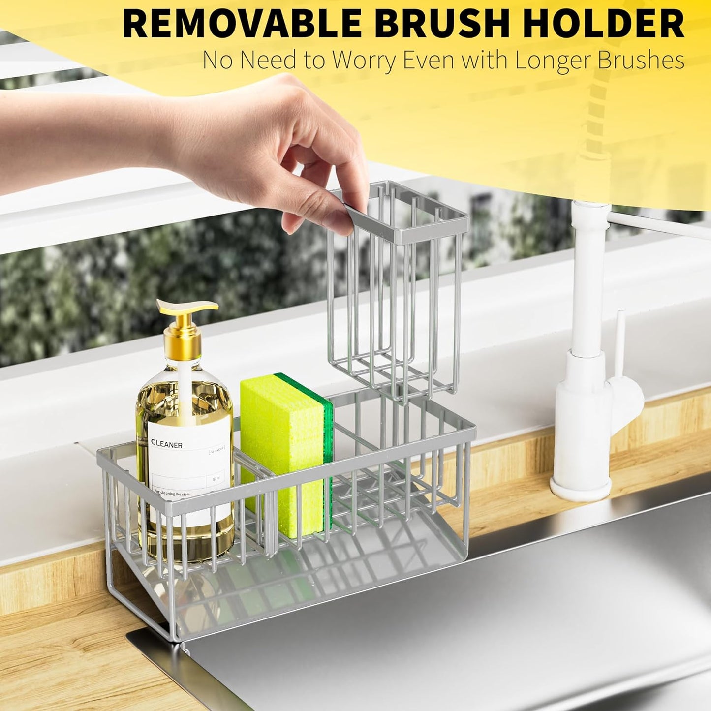 Cisily Sink Caddy Organzier with High Brush Holder, Sponge Holder for Sink, 304 Rustproof