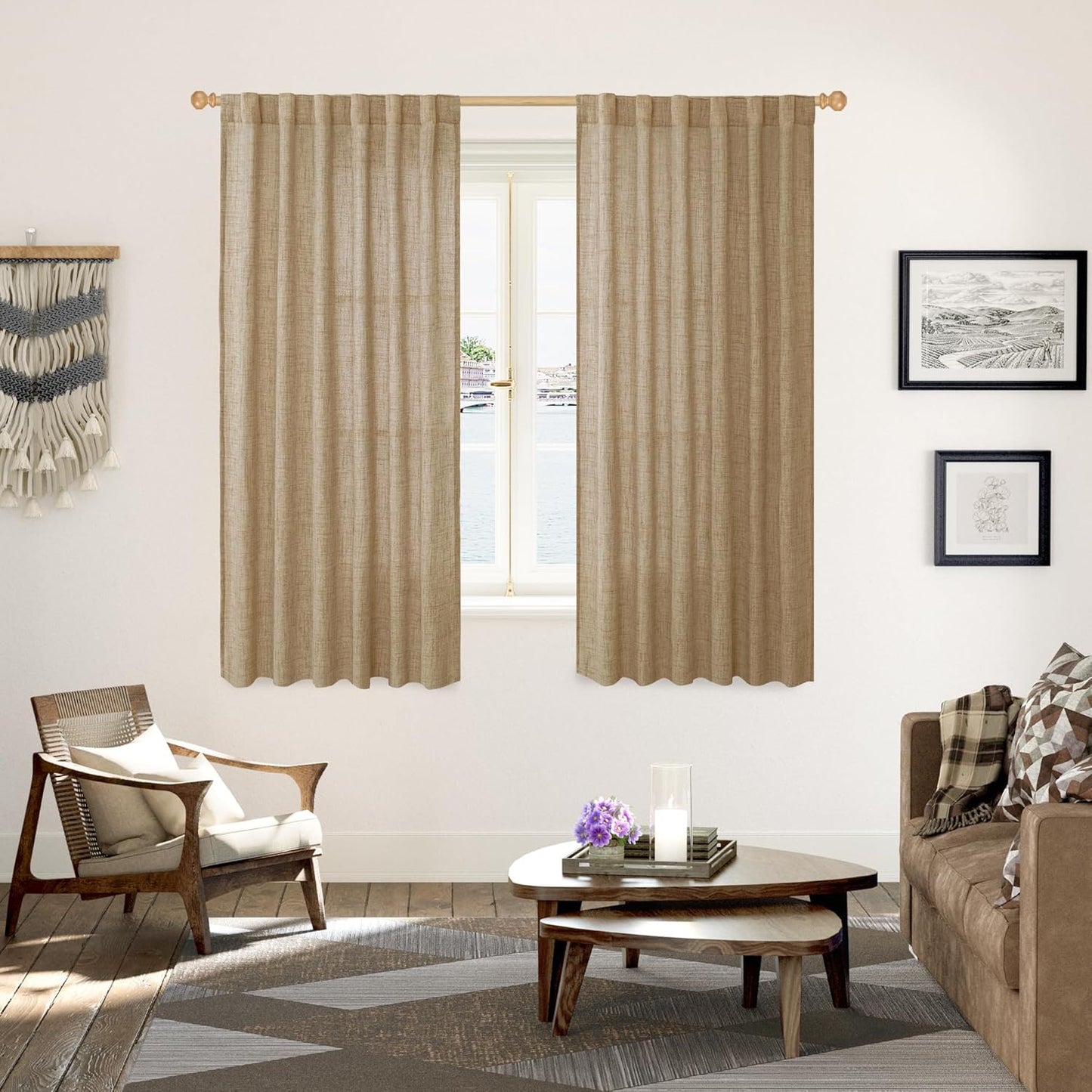 YoungsTex Burlap Linen Curtains 63 Inch Length for Living Room Window, Textured Semi Sheer Drapes