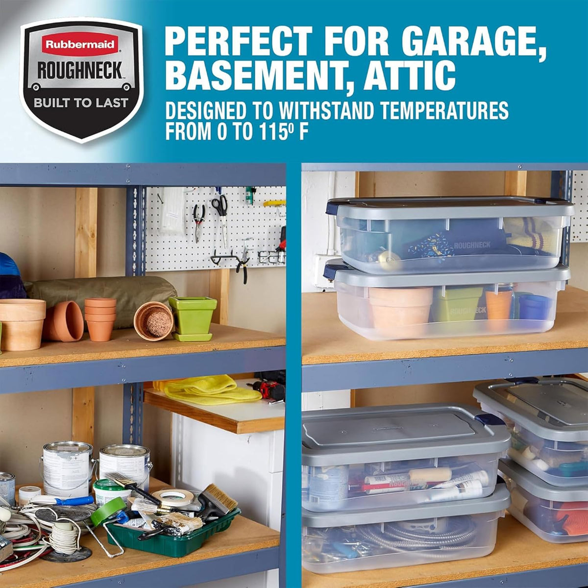 Rubbermaid Roughneck Clear 31 Qt/ 7.75 Gal Storage Containers, Pack of 6 with Snap-Fit Grey Lids