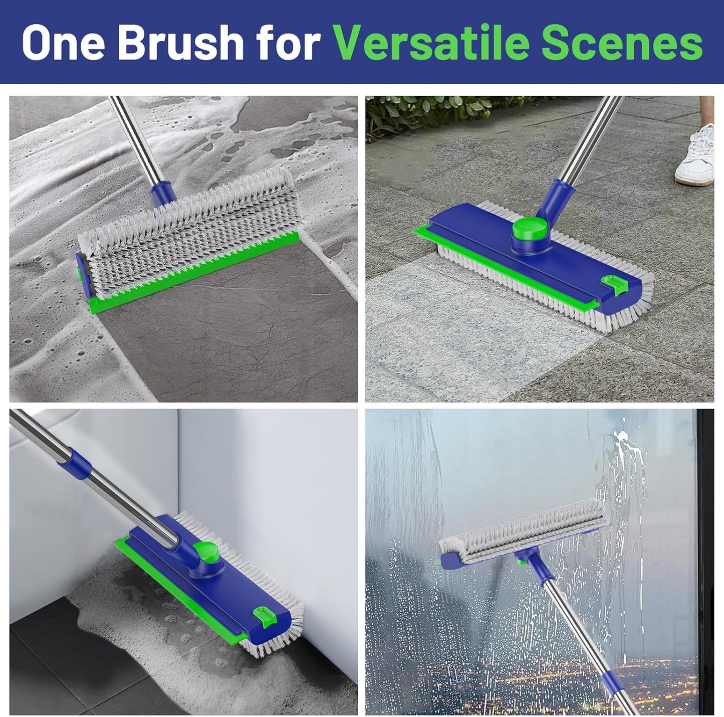Floor Scrub Brush with Long Handle: 3 in 1 Heavy-Duty Floor Scrubber Brush with Squeegee for