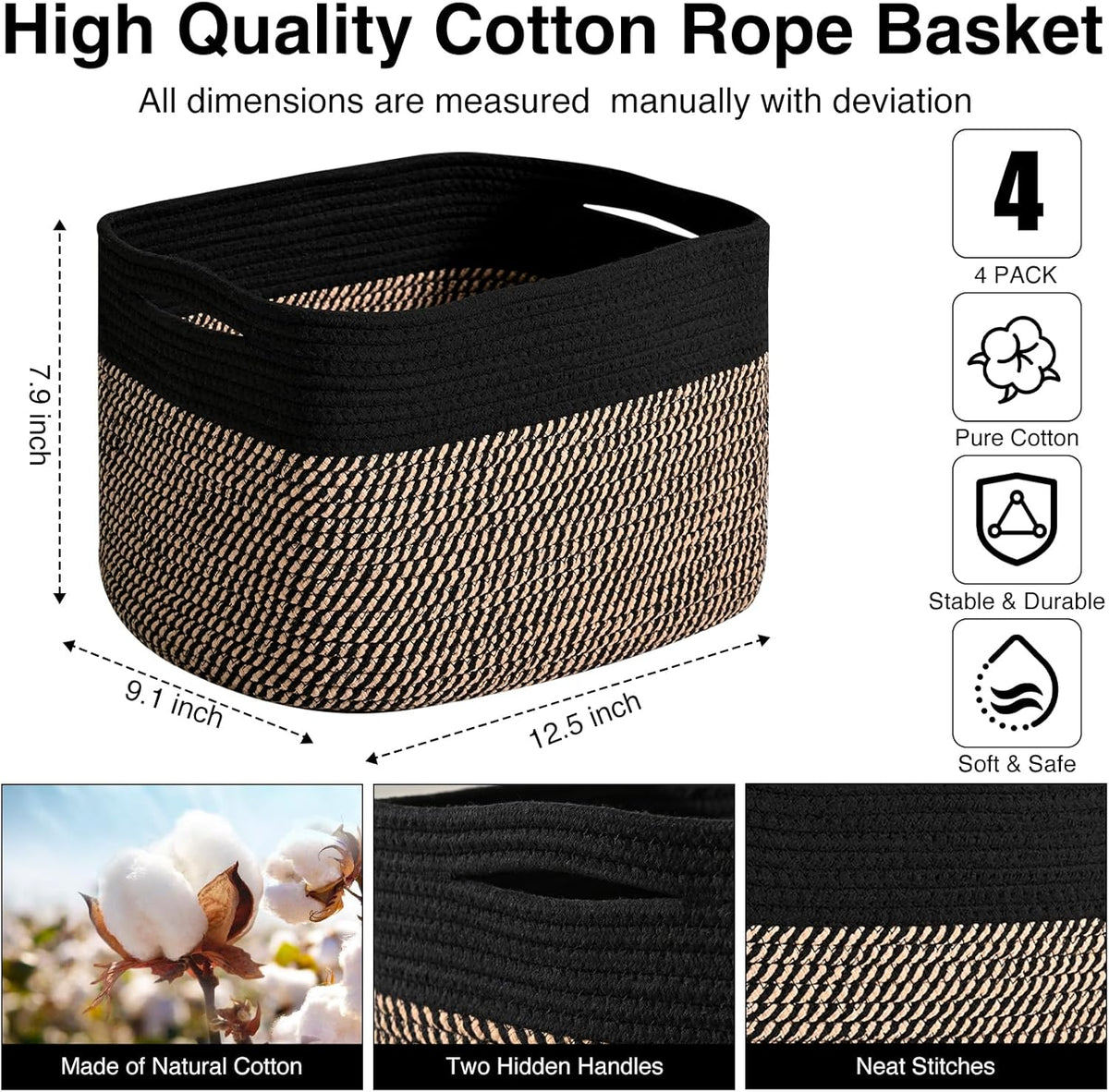 Storage Baskets for Shelves Organizing, Woven Cotton Rope Baskets for Storage, Book Basket