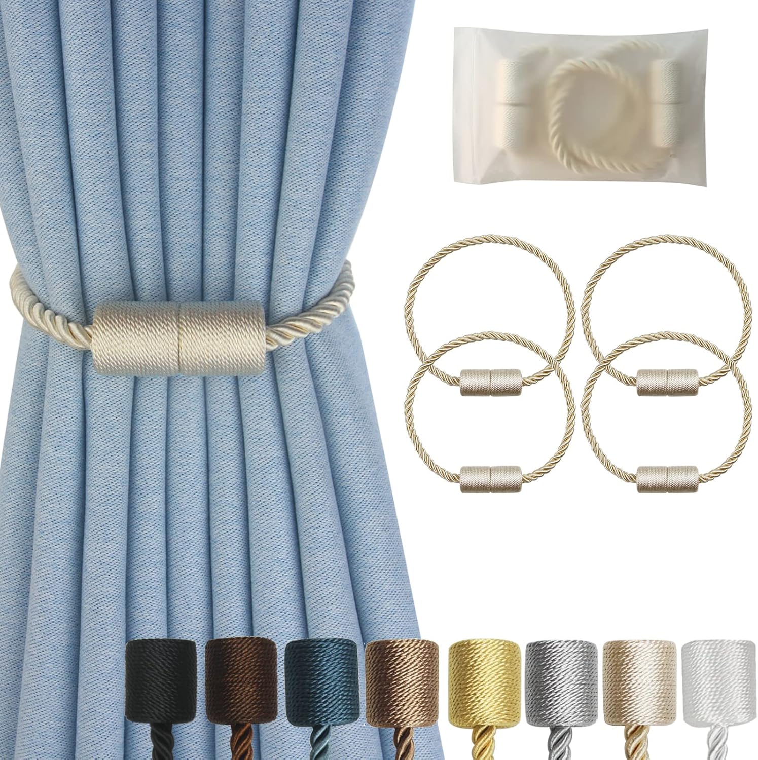 Magnetic Curtain Tiebacks 4 Pack Beige Curtain Rope Tieback Curtain Holders for Drapes Modern Tie