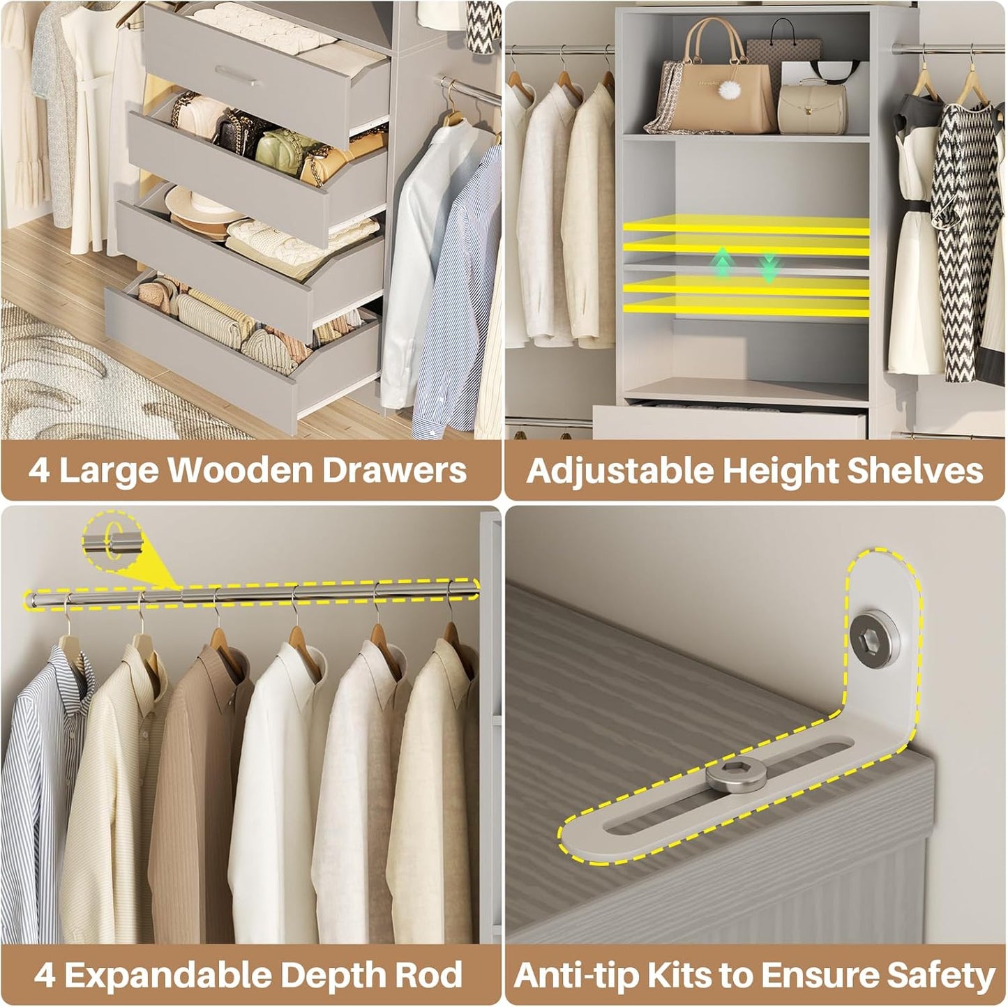 Aheaplus Closet System, 4-9Ft Closet Organizer with 4 Wooden Drawers, Wood Closet Organizer System