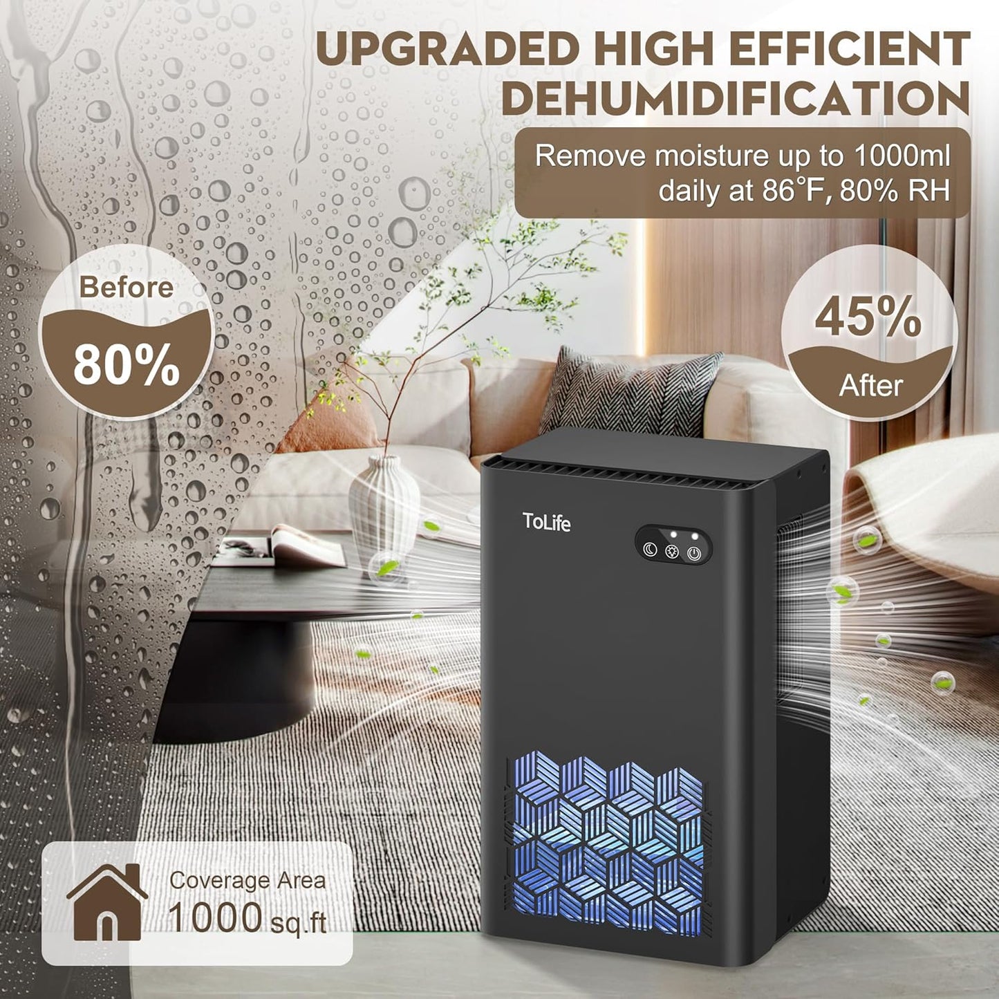 ToLife Dehumidifier for Home, 1000 sq.ft Dehumidifiers for Basement Bedroom Bathroom with 95 OZ