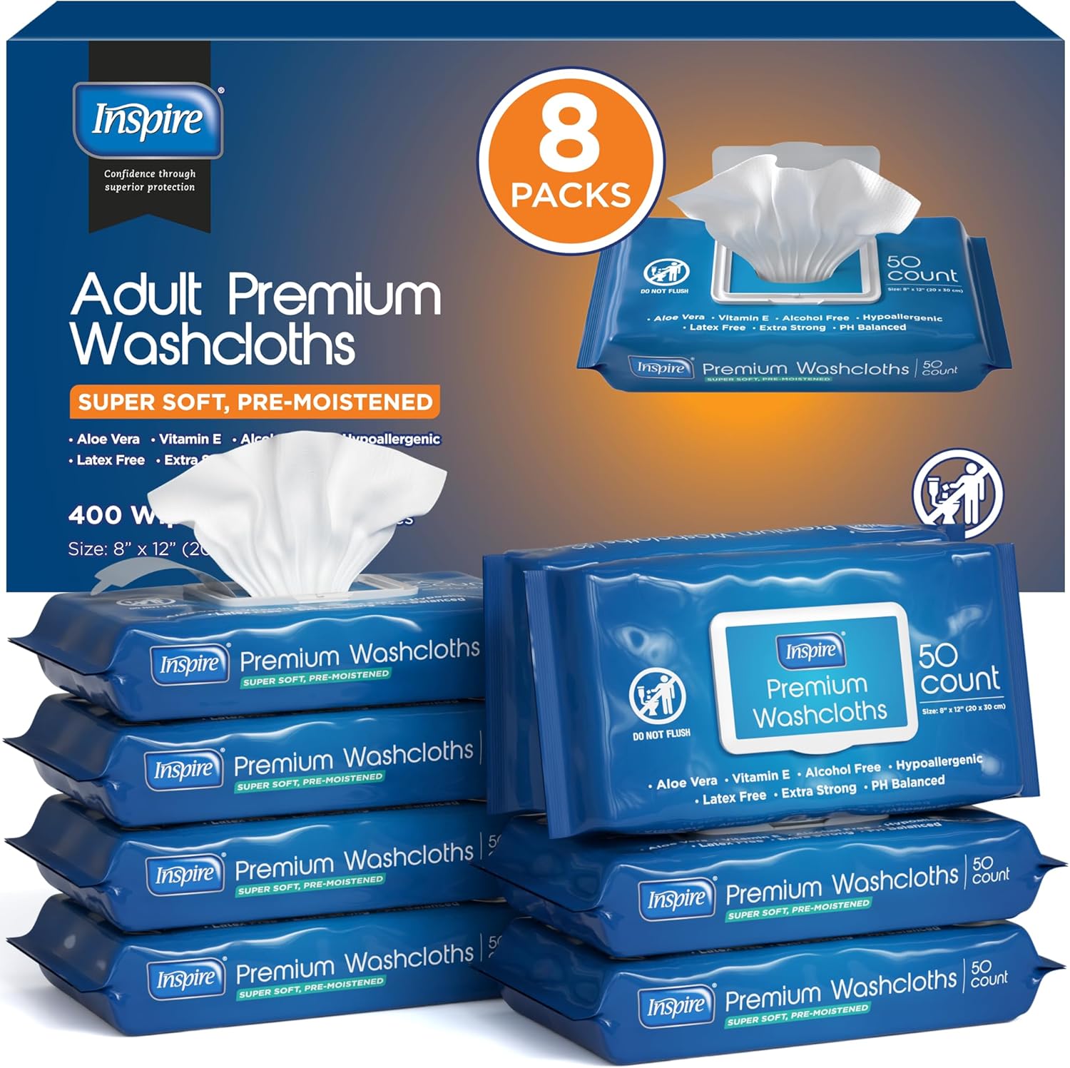Inspire Adult Wet Wipes, Wash Cloths, Incontinence & Cleansing for Elderly Extra Large, 8"x12"