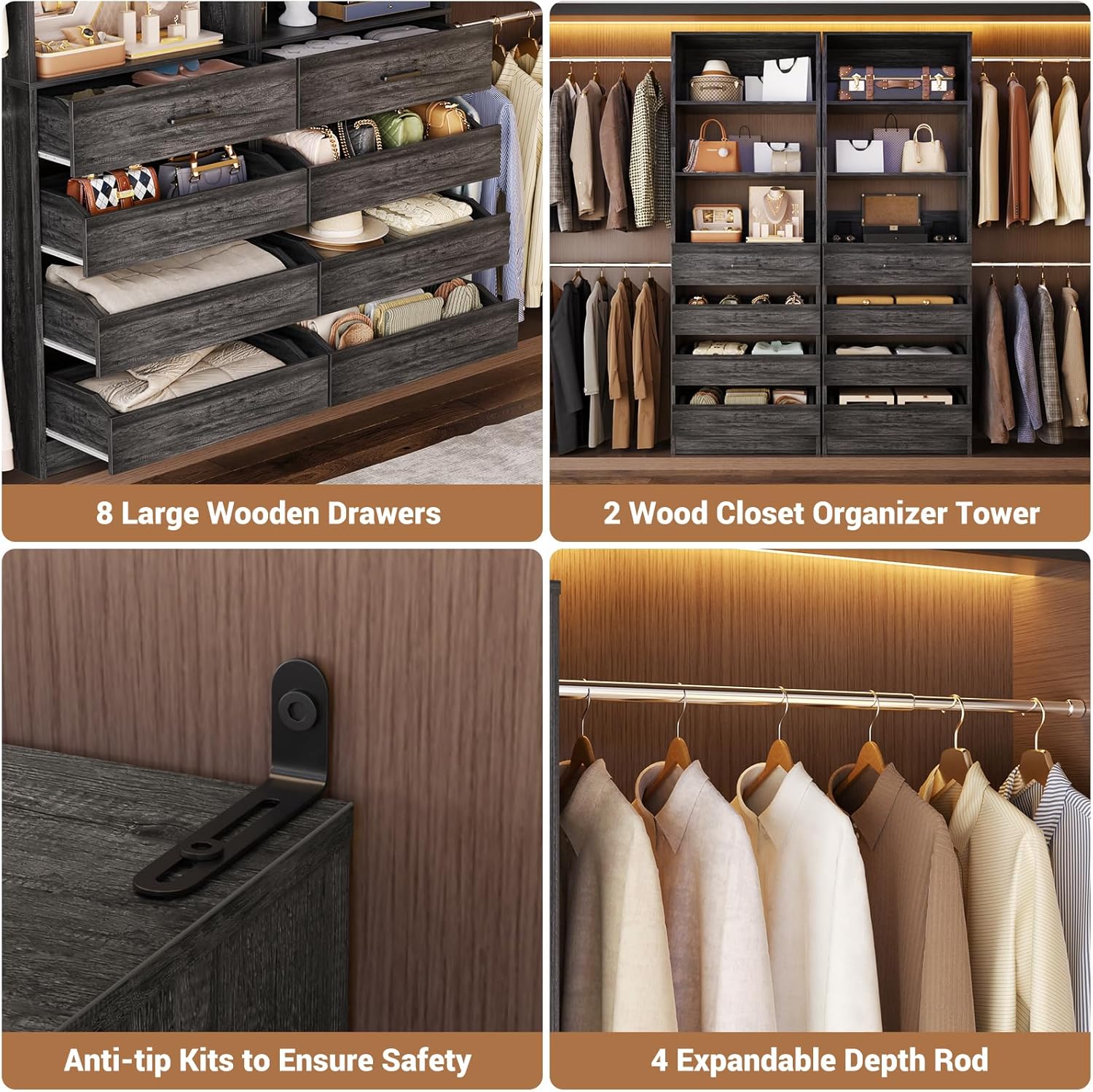 Aheaplus Closet System, 6-15Ft Closet Organizer with 8 Wooden Drawers, Wood Closet Organizer System