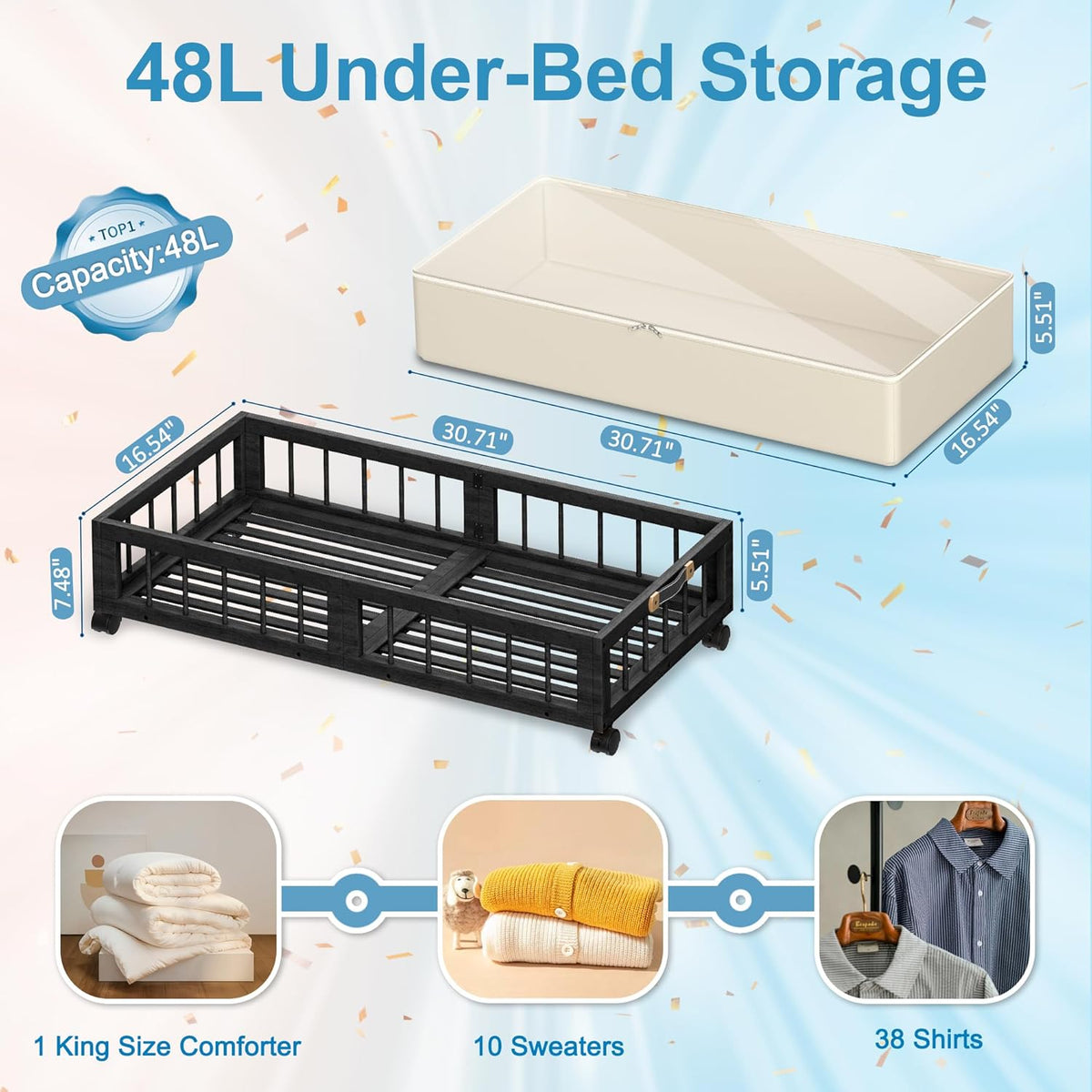 efluky 2-Pack Bamboo Under Bed Storage with Wheels, Rolling UnderBed Storage Basket with Large Dust