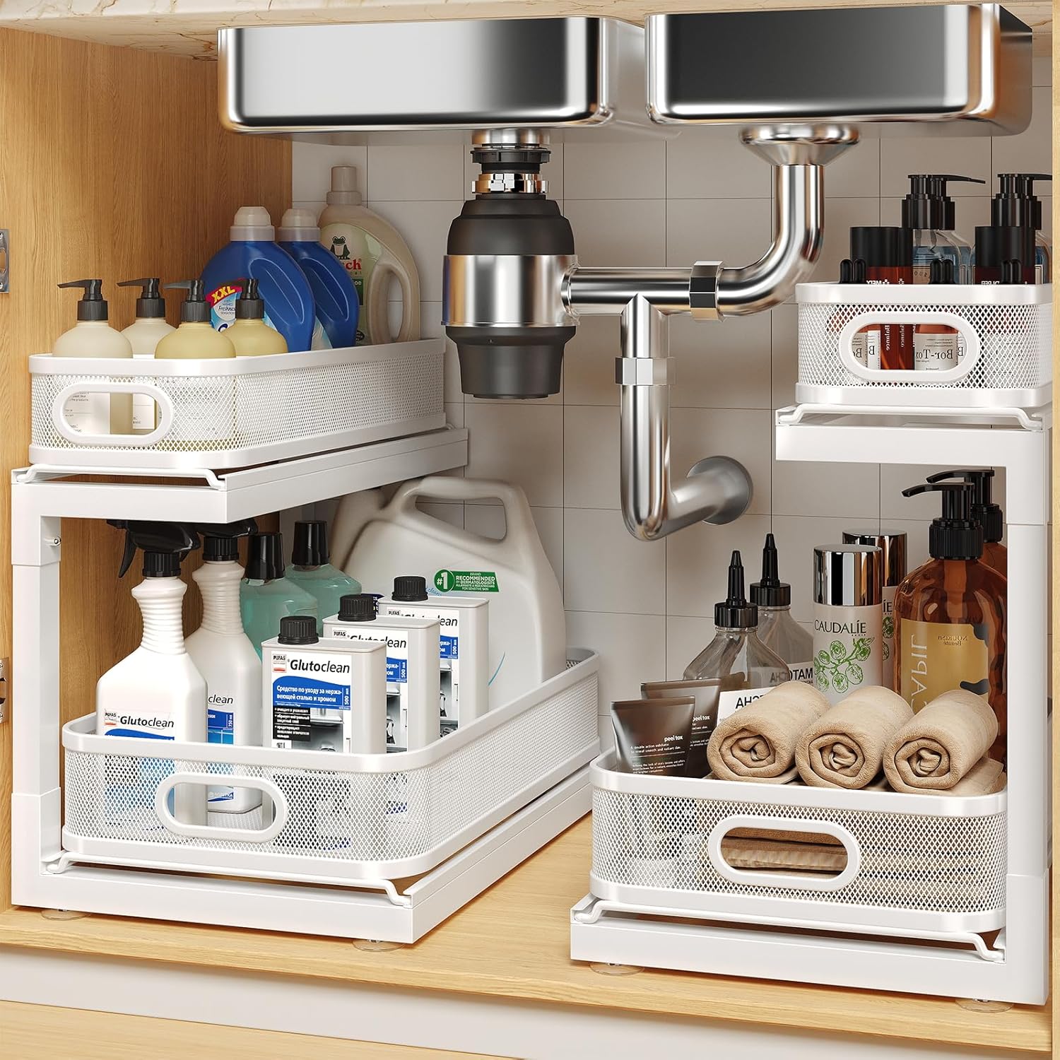 2-Pack Under Sink Storage Organizer with 2-Tier Slide Out Drawer, Sophisticated Mesh Pull Out Shelf