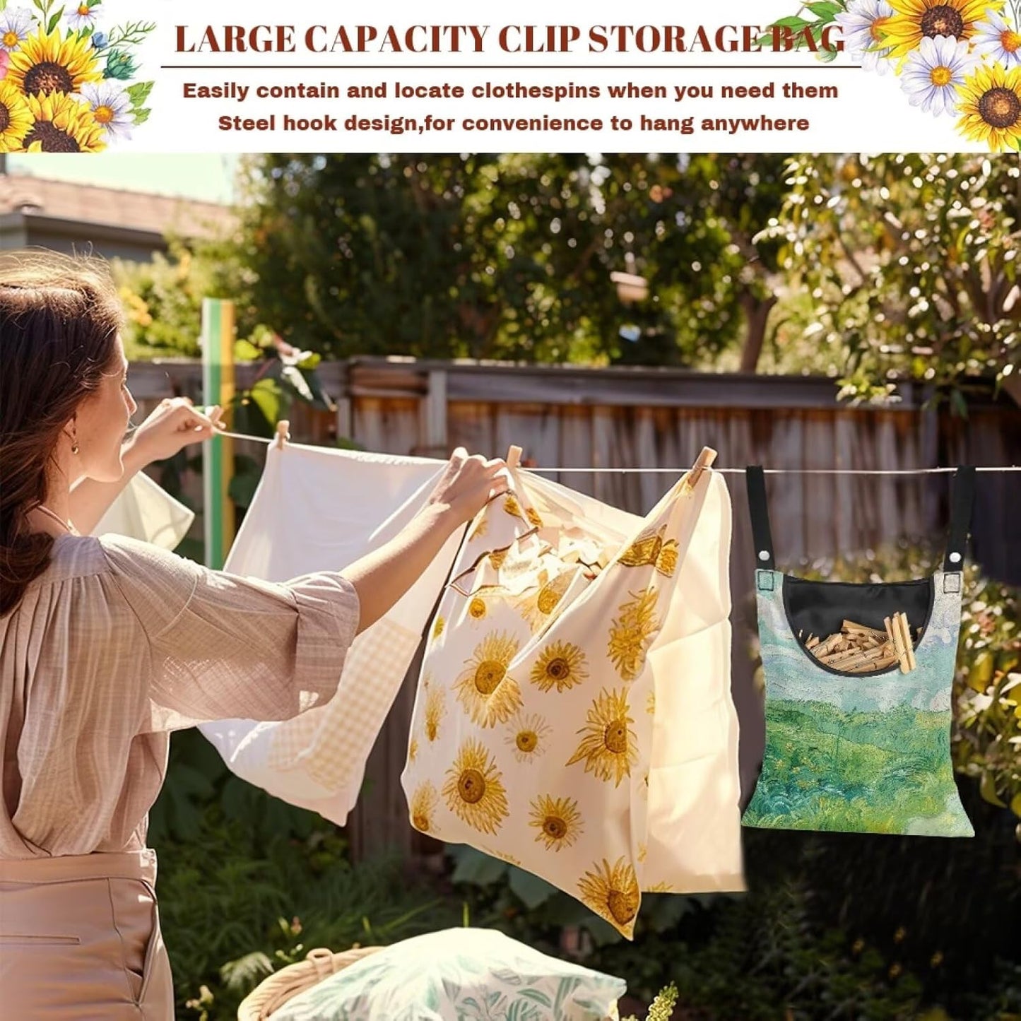 Green Wheat Field Print Windproof Clothespin Holder Bag for Outdoor Use - Durable Storage Organizer
