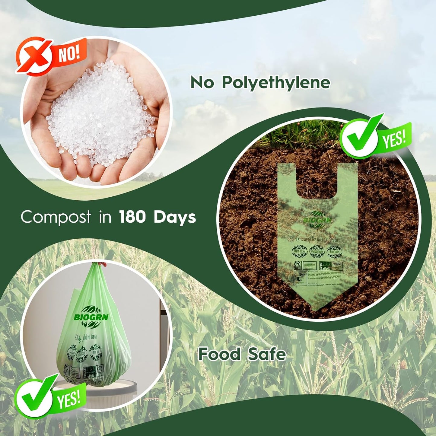 Compostable Trash Bags 1.2-1.6 Gallon Handle Tie 50 Count 0.6 Mil 6.06 Liter Small Compost Bags for