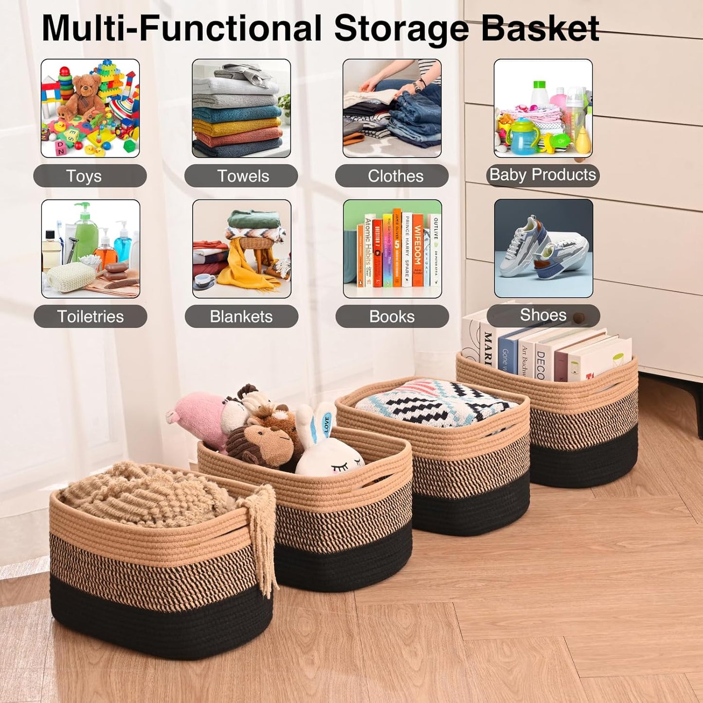 Storage Baskets for Shelves Organizing, Woven Cotton Rope Baskets for Storage, Book Basket, Towel