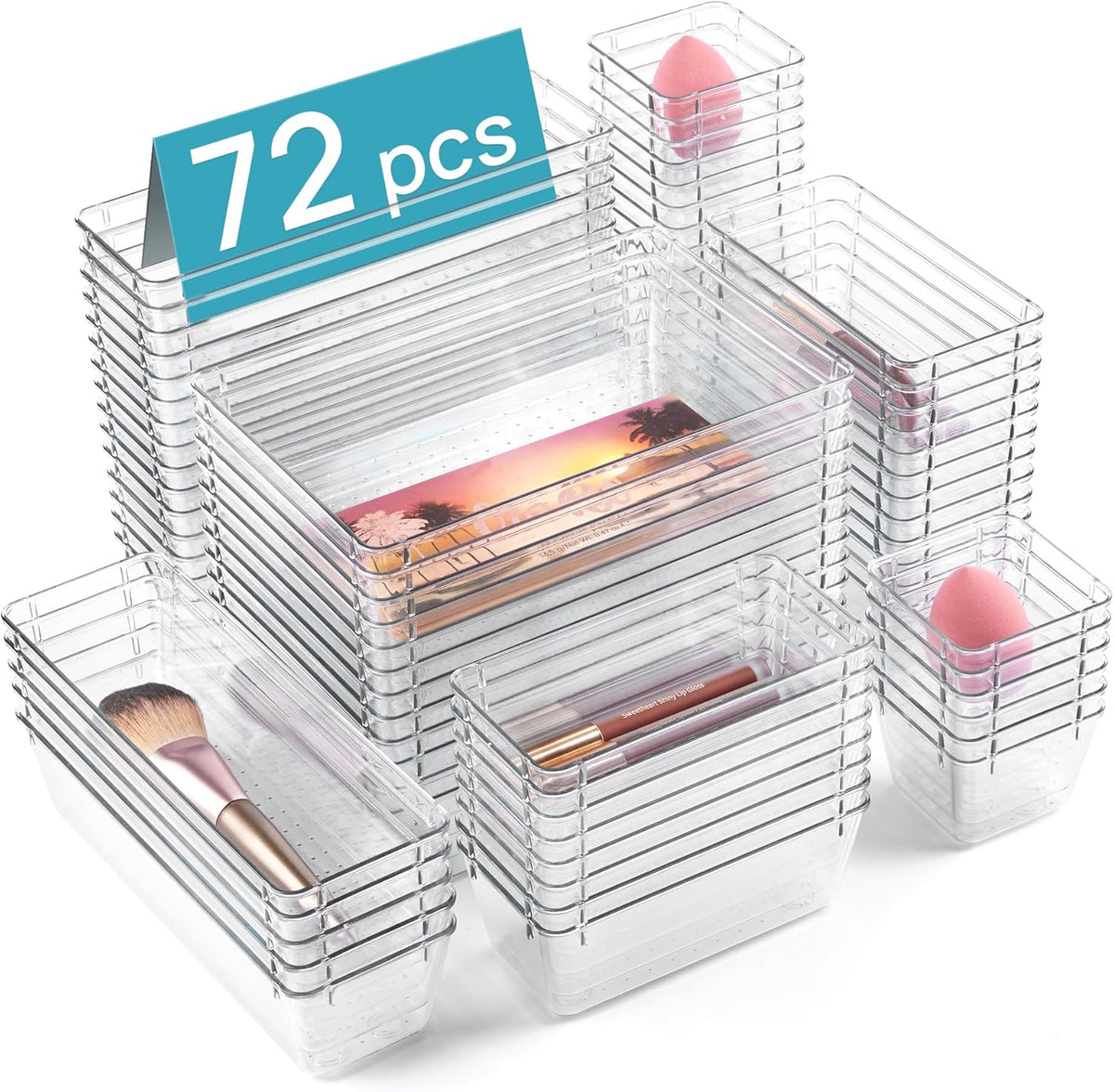 Vtopmart 72 PCS Clear Plastic Drawer Organizers Set, 4-Size Versatile Bathroom and Vanity Organizer