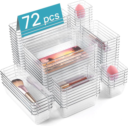 Vtopmart 72 PCS Clear Plastic Drawer Organizers Set, 4-Size Versatile Bathroom and Vanity Organizer