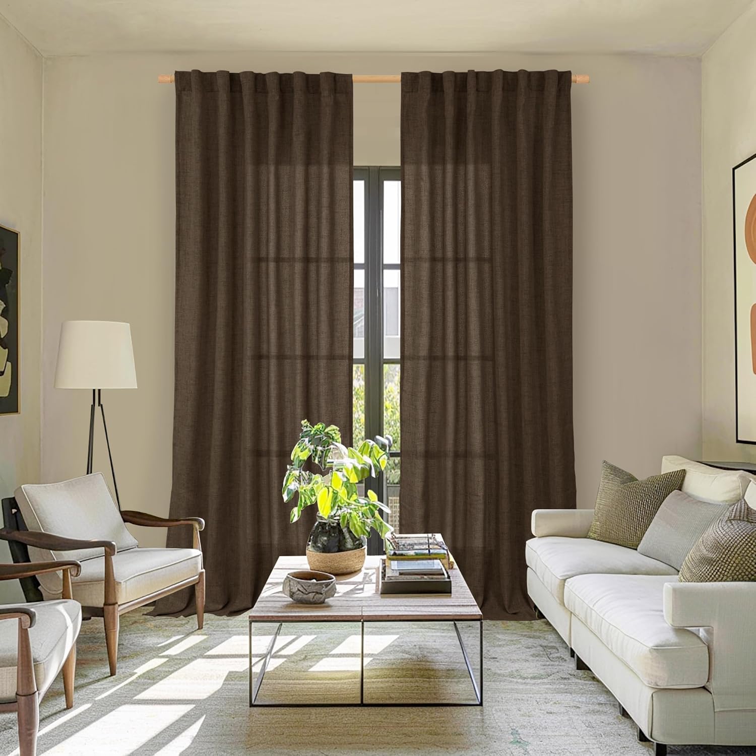 YoungsTex Brown Linen Curtains 80 Inch Length for Living Room, Semi Sheer Window Drapes with Rod