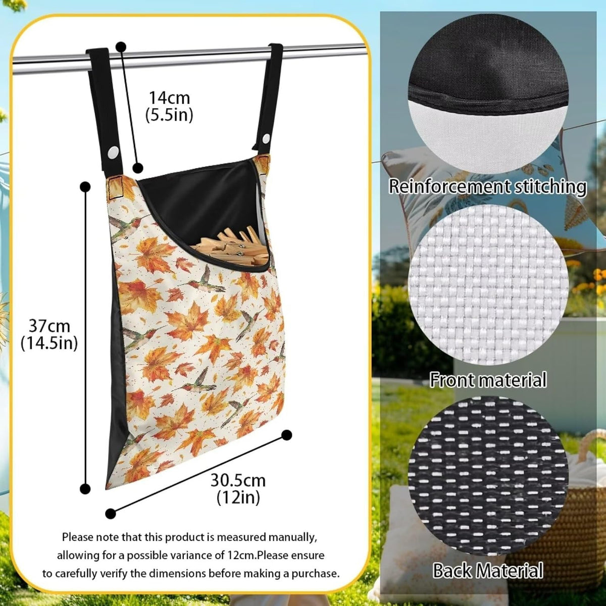 Maple Leaf Large Capacity 14.5 x 12 Inch Clothespin Bag with Hanging Hook Hummingbird Waterproof