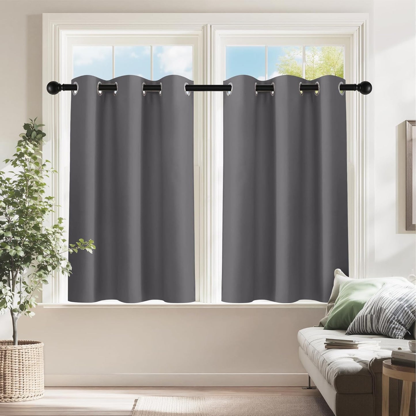 PONY DANCE Short Gray Blackout Curtains for Kitchen Over Sink 36 inch Long, Thermal Insulated Black