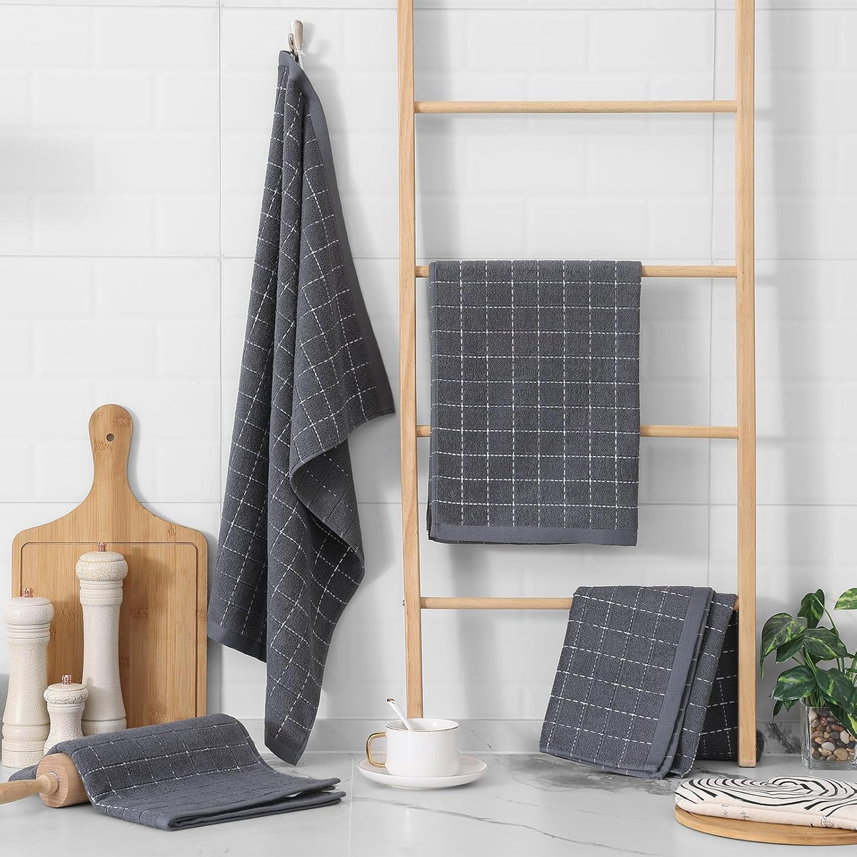 Homaxy 100% Cotton Terry Kitchen Towels(Dark Grey, 20 x 28 inches), Checkered Designed, Soft and