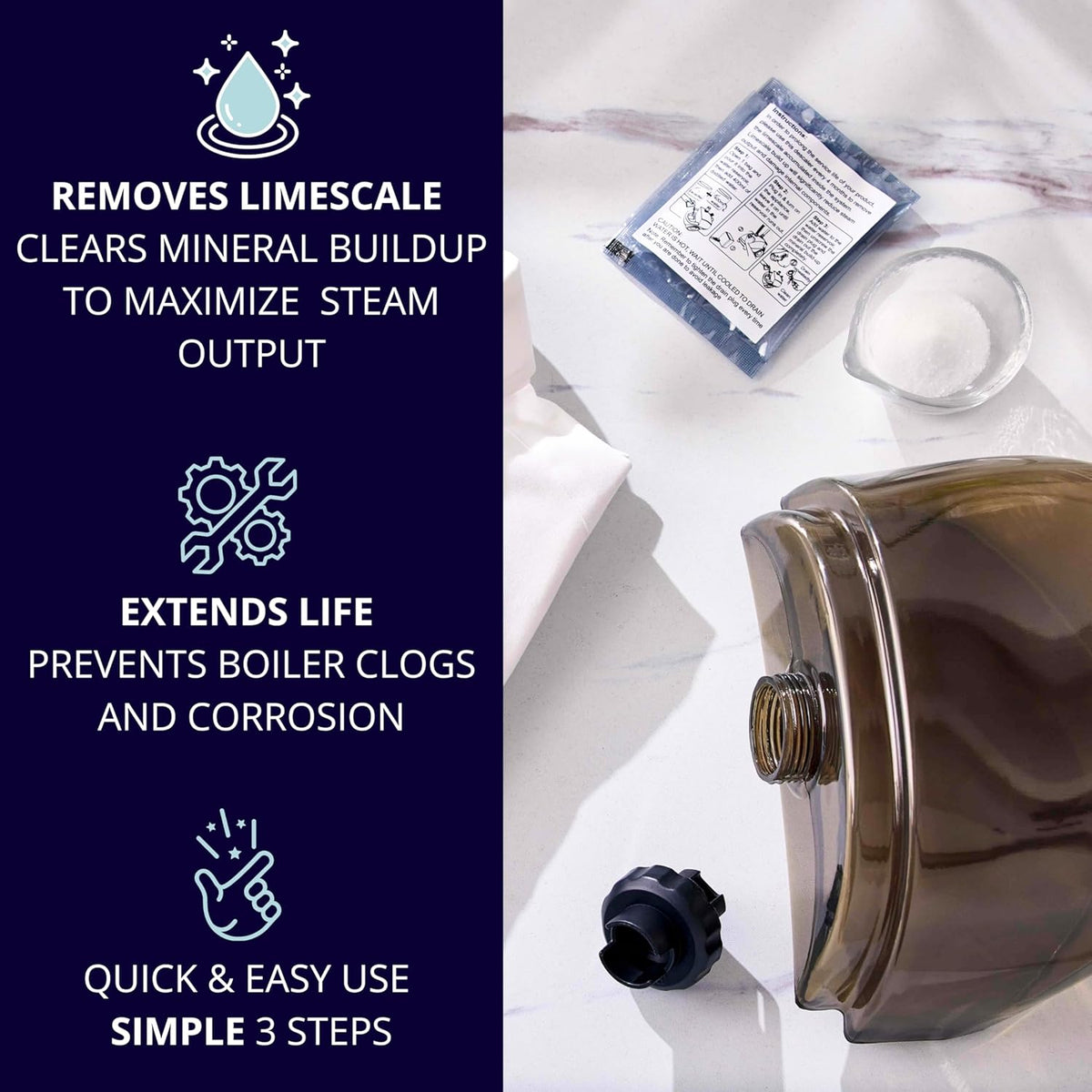 Garment Steamer Descaling Solution Decalcifier Packets for Mineral Deposits and Build-up Removal