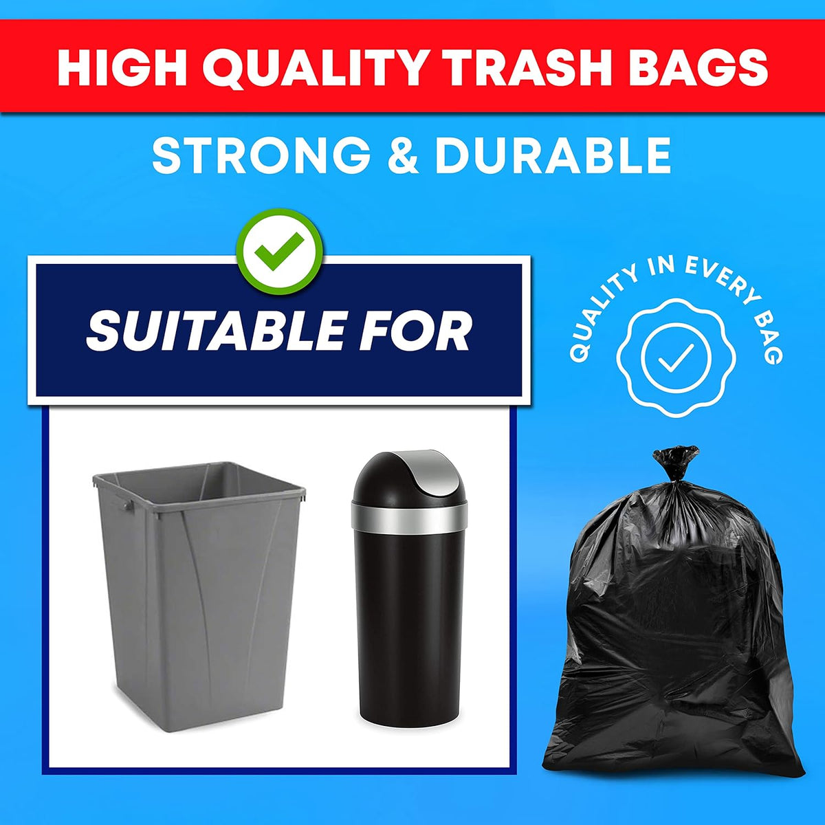 Tasker 30-33 Gallon Trash Bags Heavy Duty (MegaValue Pack 250 Count) Large Black Garbage Bags 30