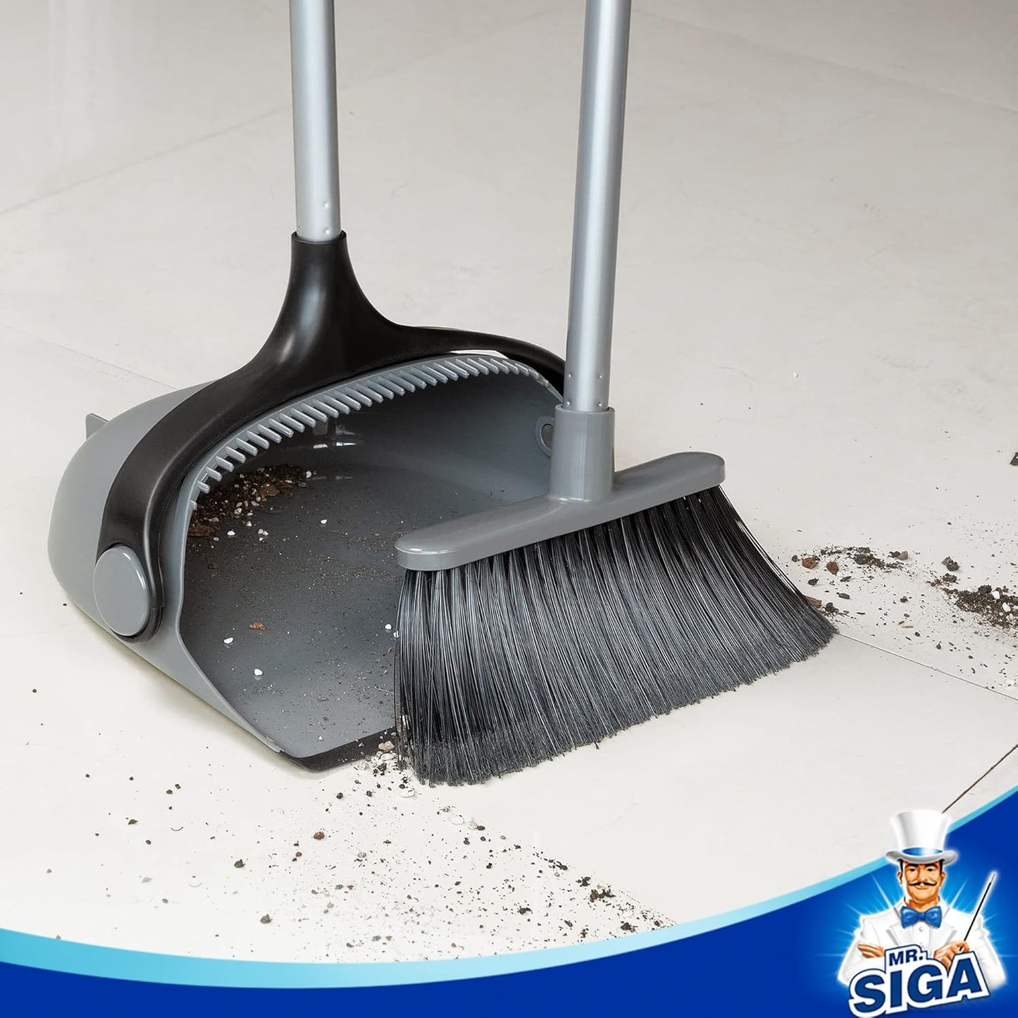 MR.SIGA Broom and Dustpan Set with Adjustable Long Handle, Upright Combo for Floor, Cleaning Lobby