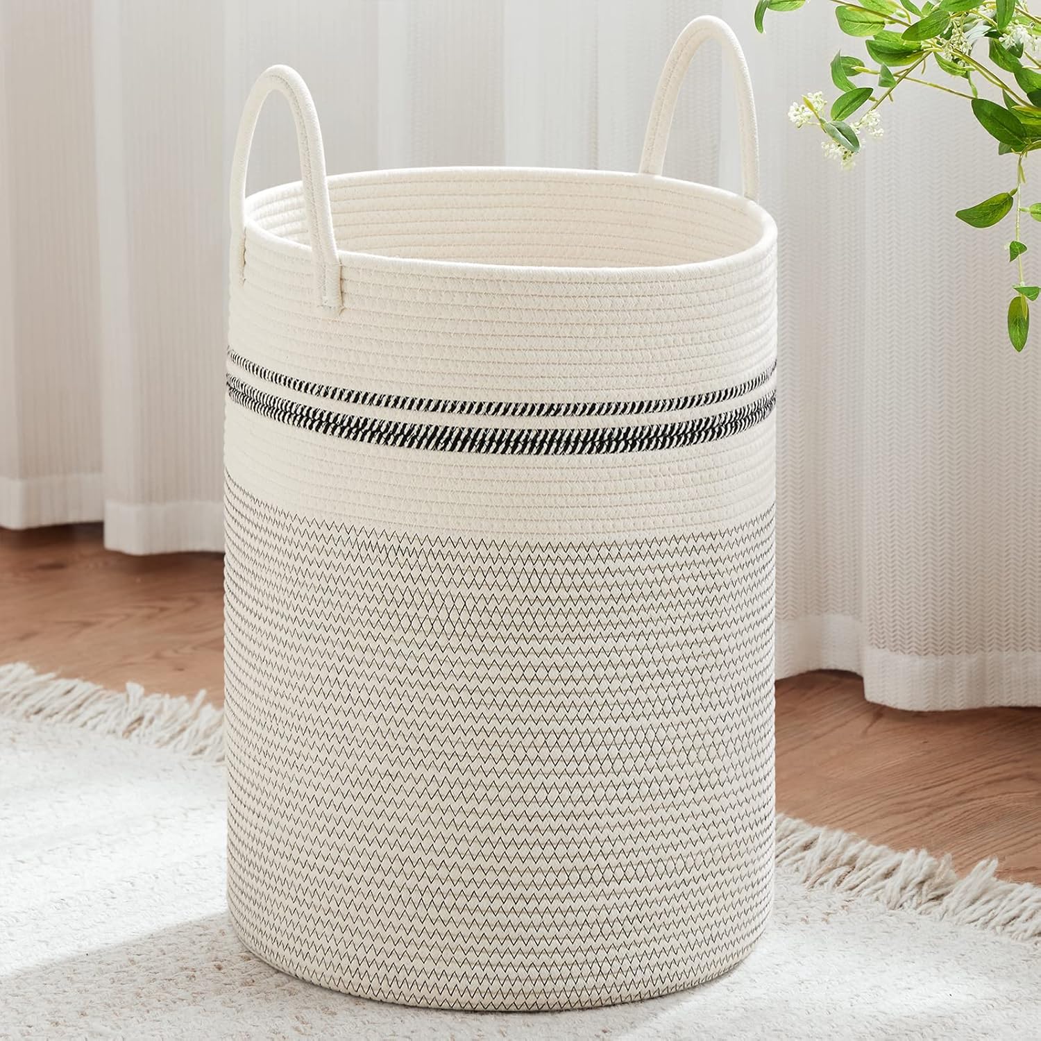 VIPOSCO Large Laundry Hamper, Tall Woven Rope Storage Basket for Blanket, Toys, Dirty Clothes in