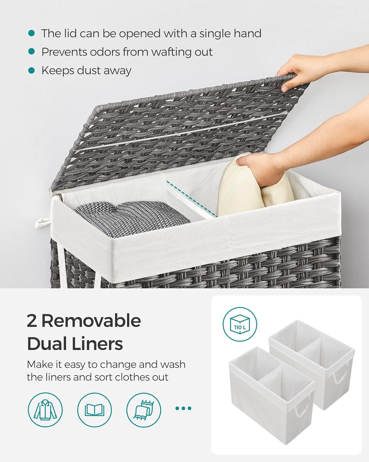 SONGMICS Laundry Hamper with Lid, 110L Clothes Hamper with 2 Removable Liner Bags, 6 Mesh Bags