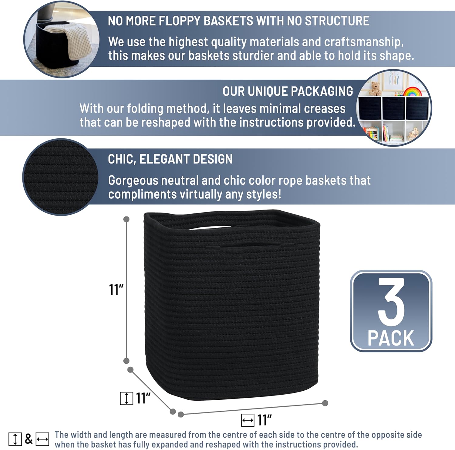 NaturalCozy Storage Cubes 11 Inch Cotton Rope Woven Baskets for Organizing, 3-Pack | Cube Storage