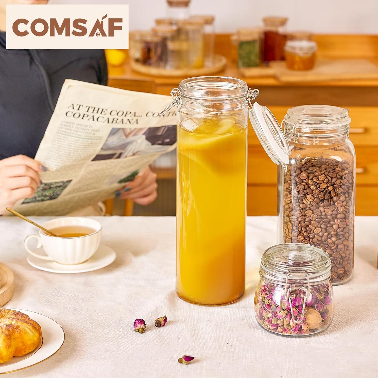 ComSaf 60oz Airtight Glass Jars Set of 3 with Lids Food Storage Jar Round - Tall Spaghetti