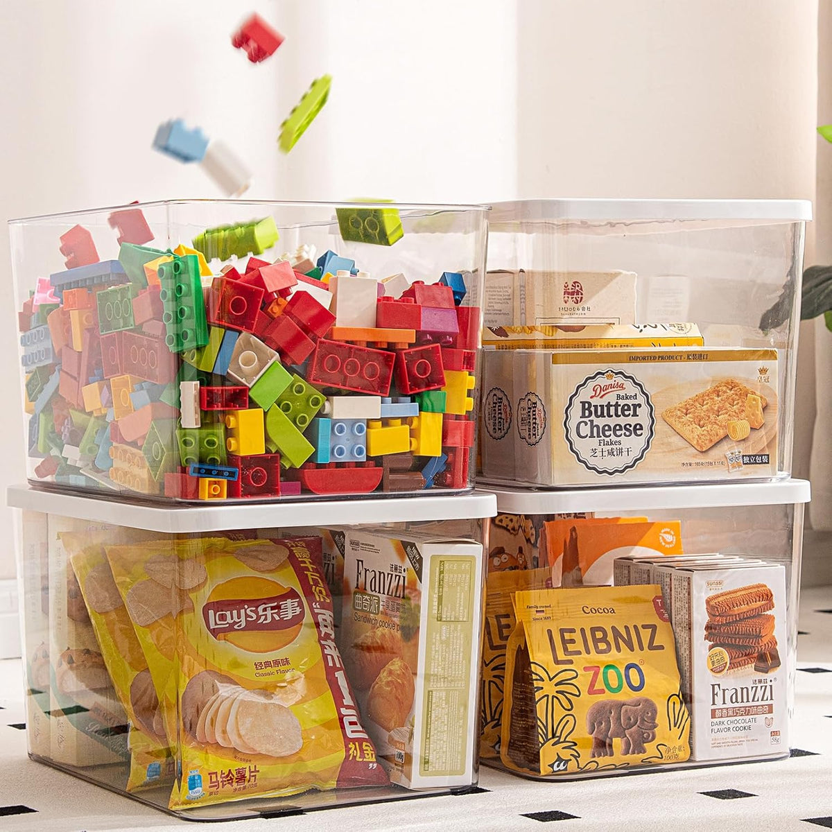 Clear plastic storage bins with LIDS-4packs,storage containers for snacks, cosmetics, books, dog