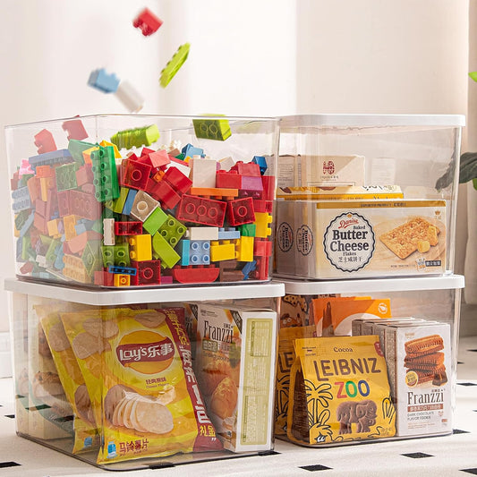 Clear plastic storage bins with LIDS-4packs,storage containers for snacks, cosmetics, books, dog