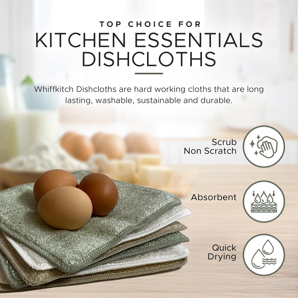 Whiffkitch Dishcloths & Cleaning Cloths - Drying, Durable, Absorbent Washcloths, Non-Scratch