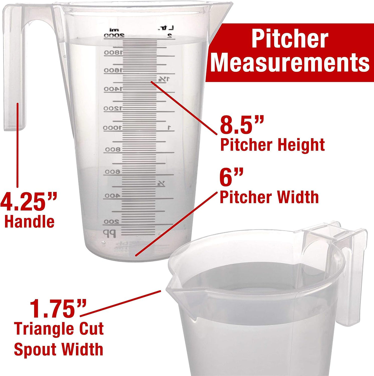 TCP Global 2 Liter (2000ml) Plastic Graduated Measuring and Mixing Pitcher (Pack of 4) - Holds Over
