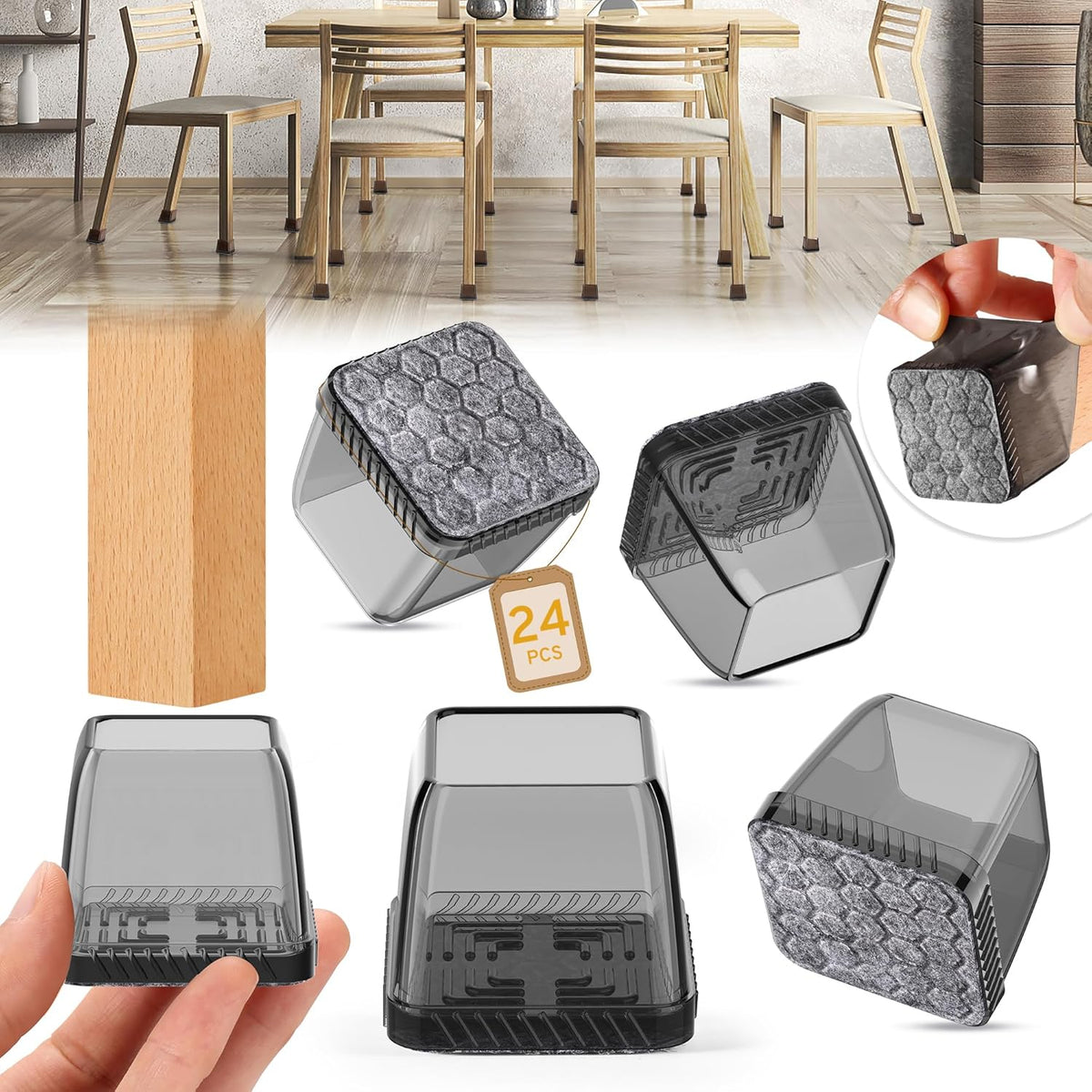 24PCS Square Chair Leg Floor Protectors, Furniture Sliders, Chair Leg Protectors for Hardwood