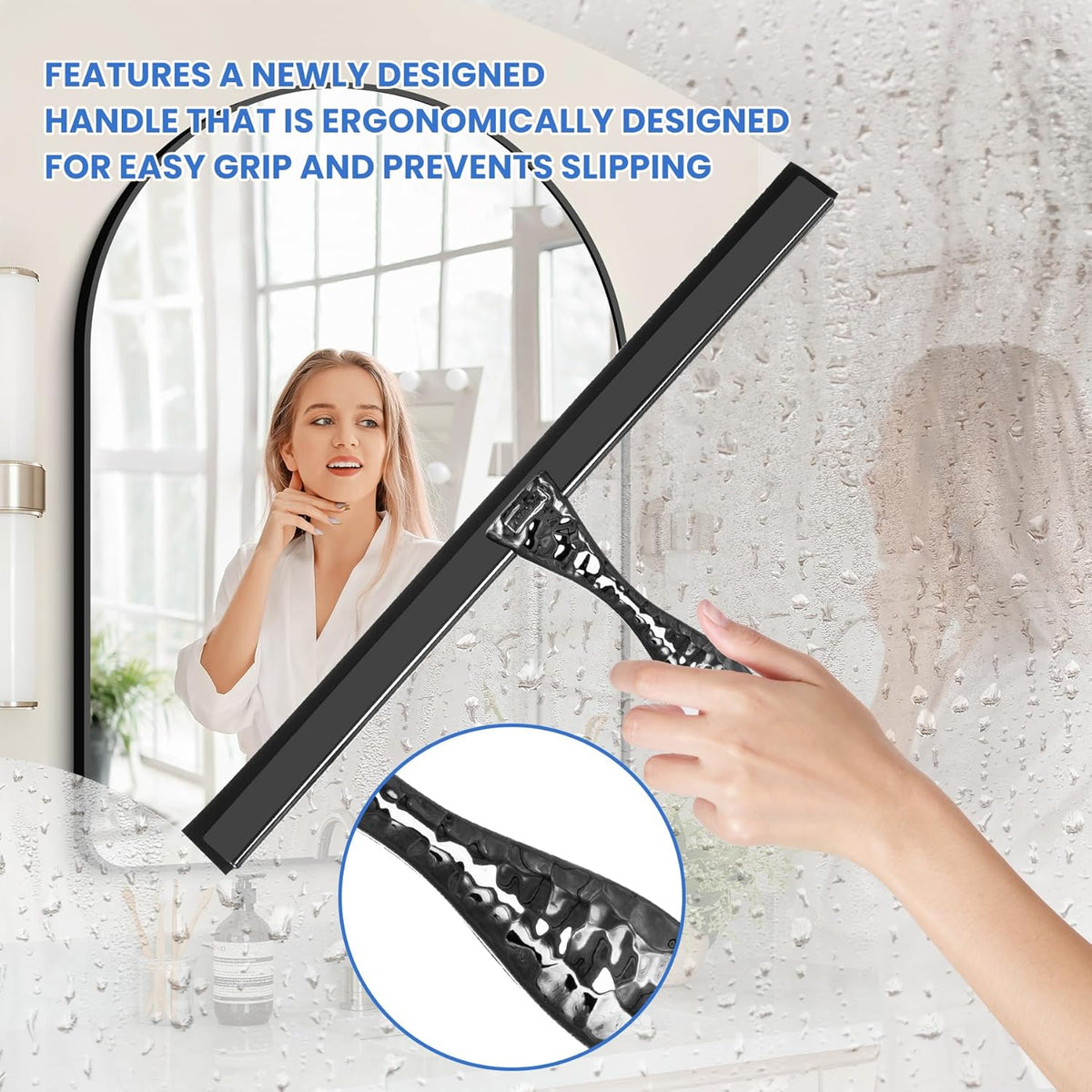 All-Purpose Silicone Shower Squeegee for Shower Glass Door,with 2 Hooks & Pink Mini Squeegee,for