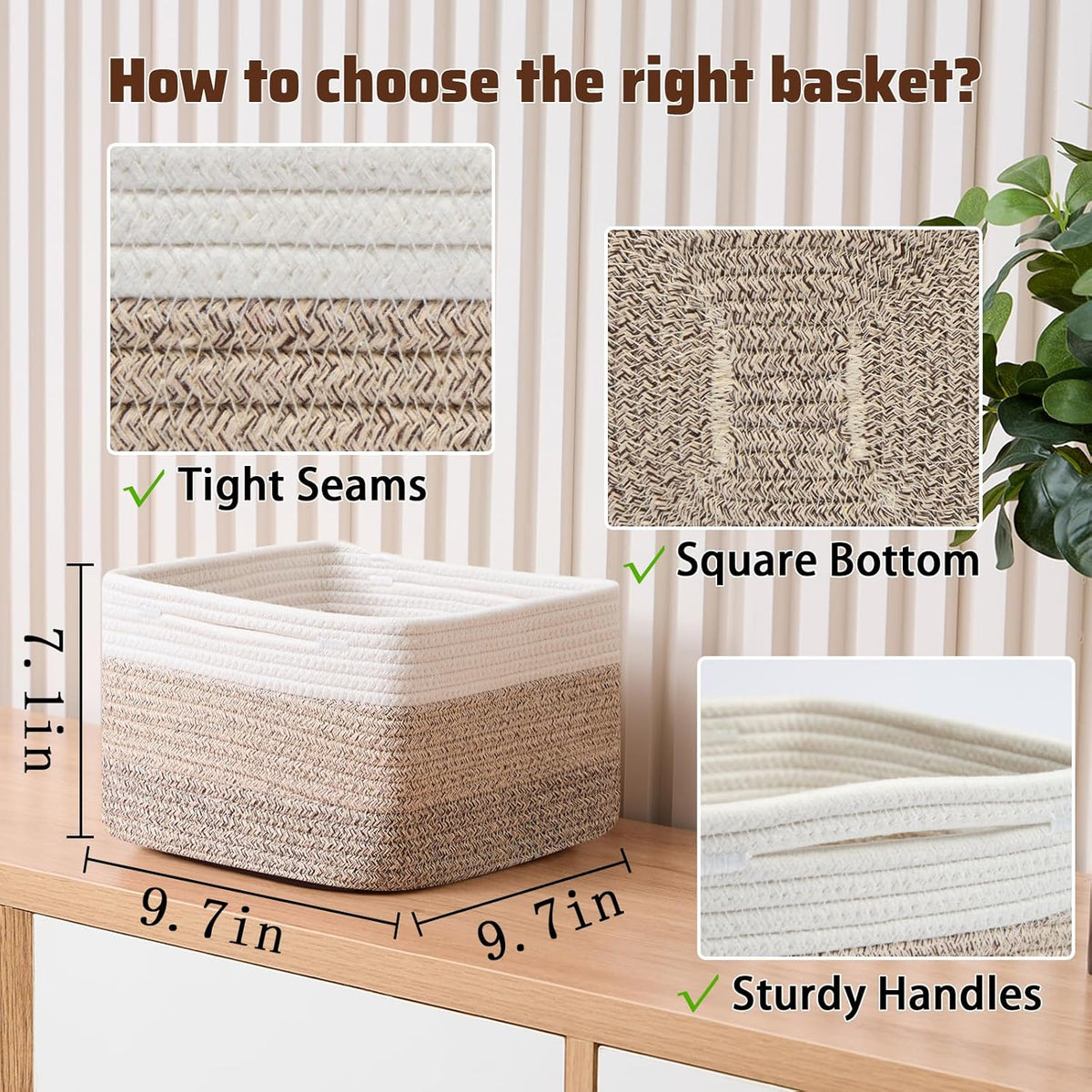 Small Organizing Baskets for Cubes Shelf, 9.7x9.7x7.1 Inch Rope Woven Storage Bins for Nursery