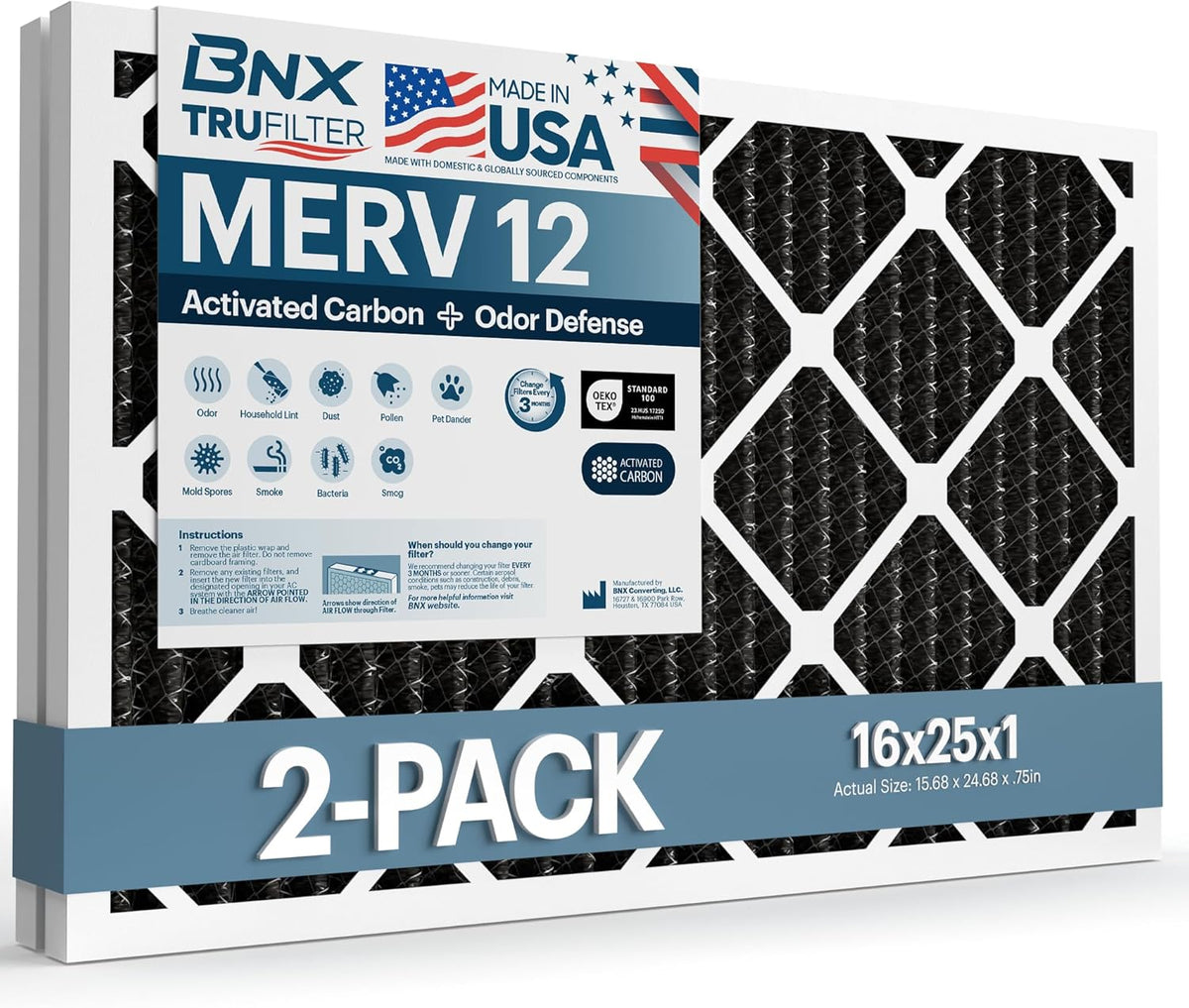 BNX TruFilter 16x25x1 MERV 12 Odor Defense (2-Pack) AC Furnace Air Filter with Activated Carbon