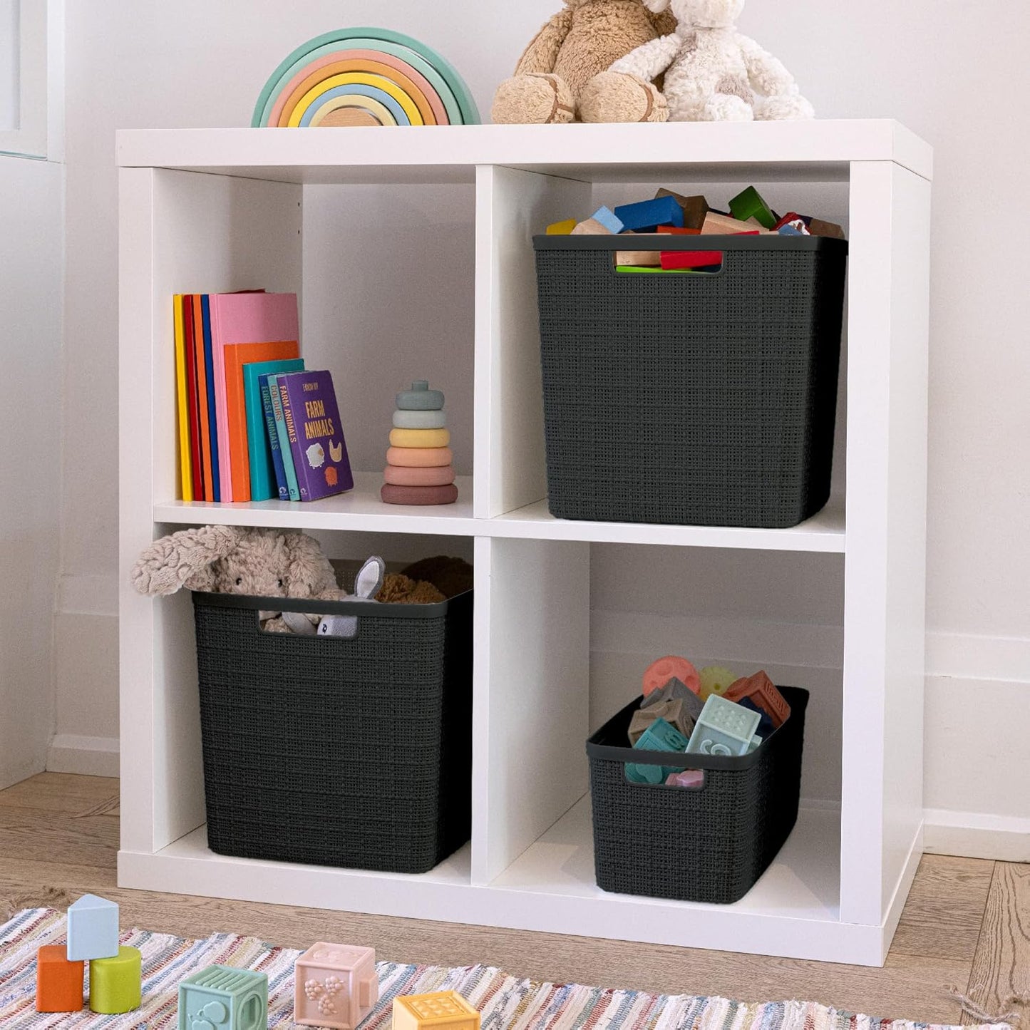 Curver Set of 4 Jute Large Cube Decorative Plastic Organization and Storage Baskets, Perfect Bins