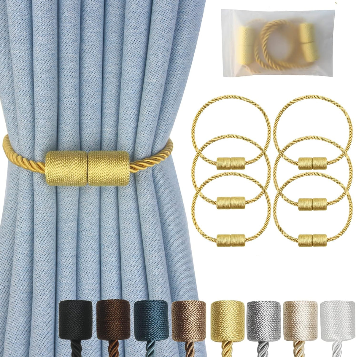 Magnetic Curtain Tiebacks 6 Pack Gold Curtain Rope Tieback Curtain Holders for Drapes Modern Tie