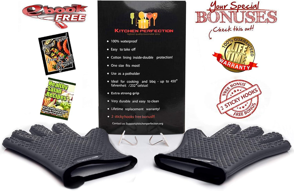 KITCHEN PERFECTION XL Silicone Smoker Oven Gloves-Extreme Heat Resistant BBQ Gloves-Handle Hot Food