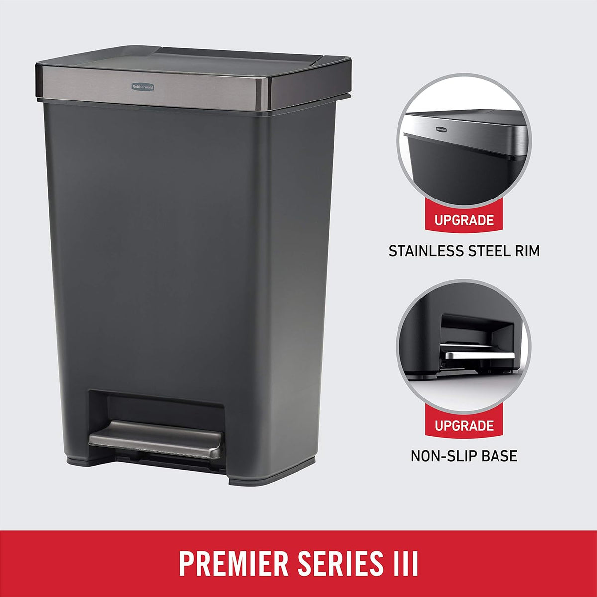 Rubbermaid Premier Series III Step-On Trash Can for Home and Kitchen, with Stainless Steel Rim