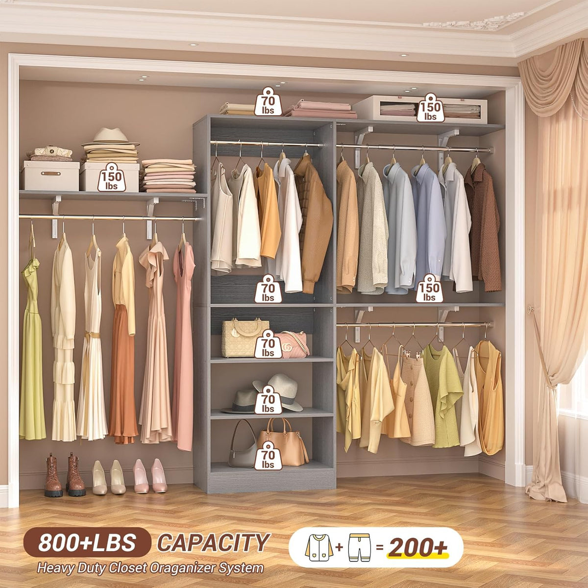 8FT Closet System with Shelves, 96'' Closet Organizer System with 3 Hanging Rods, Wall Mount