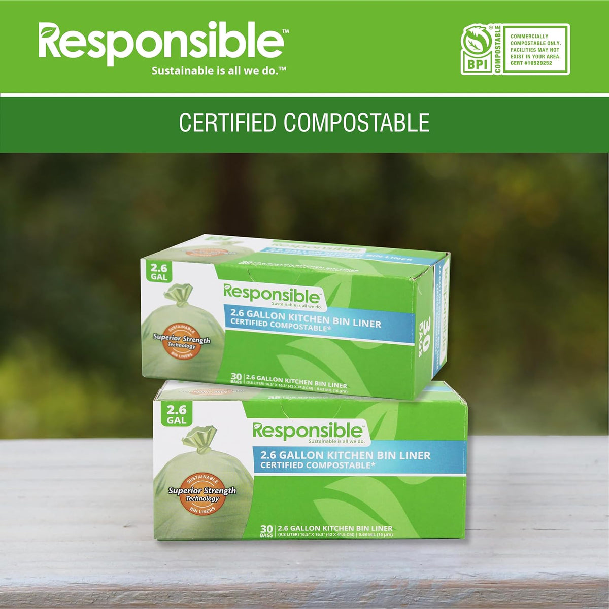 Responsible Products Kitchen Bin Liners, Certified Compostable, Heavy Duty Multipurpose Food Scrap